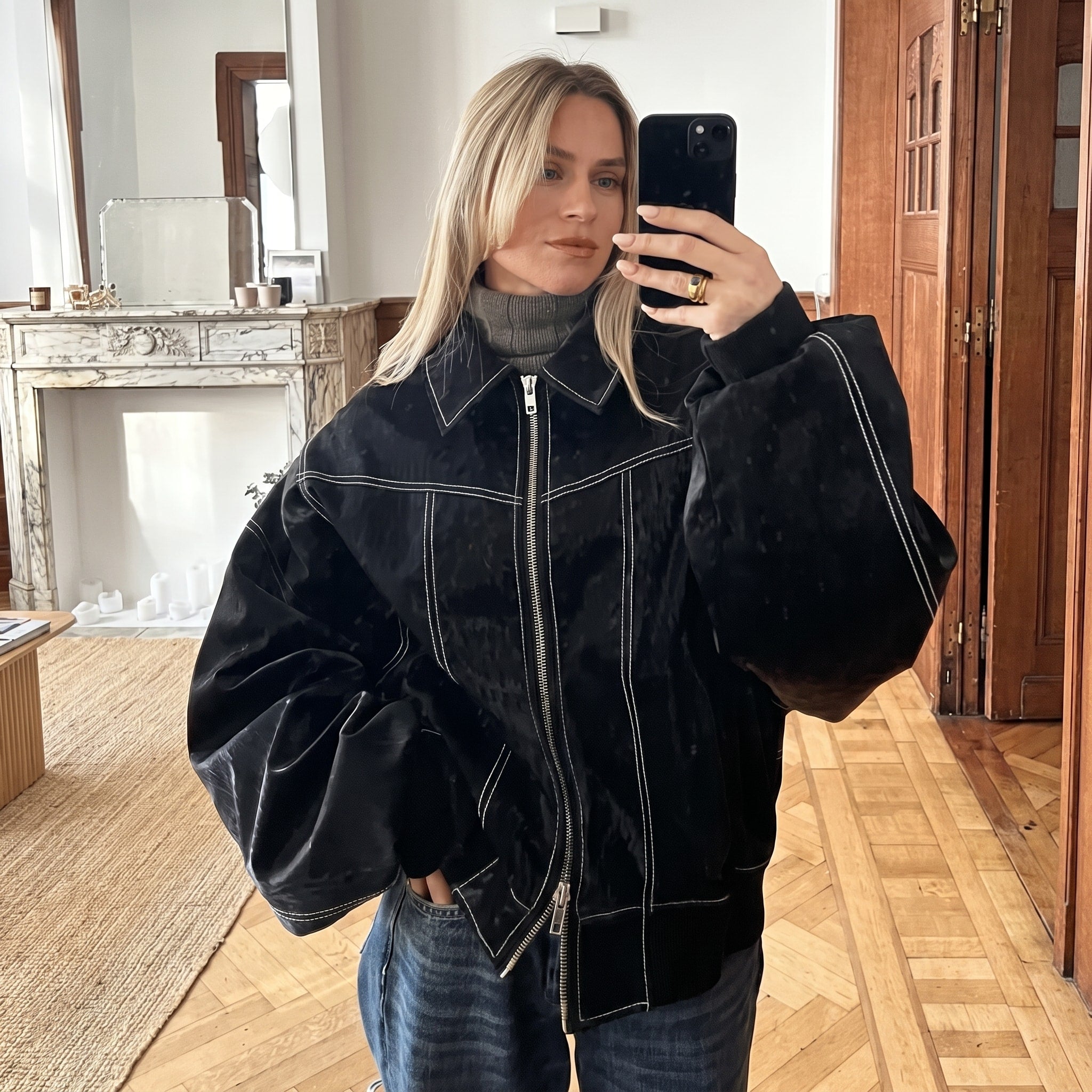 Isla - Women's Oversized Contrast Stitch Jacket with Collar