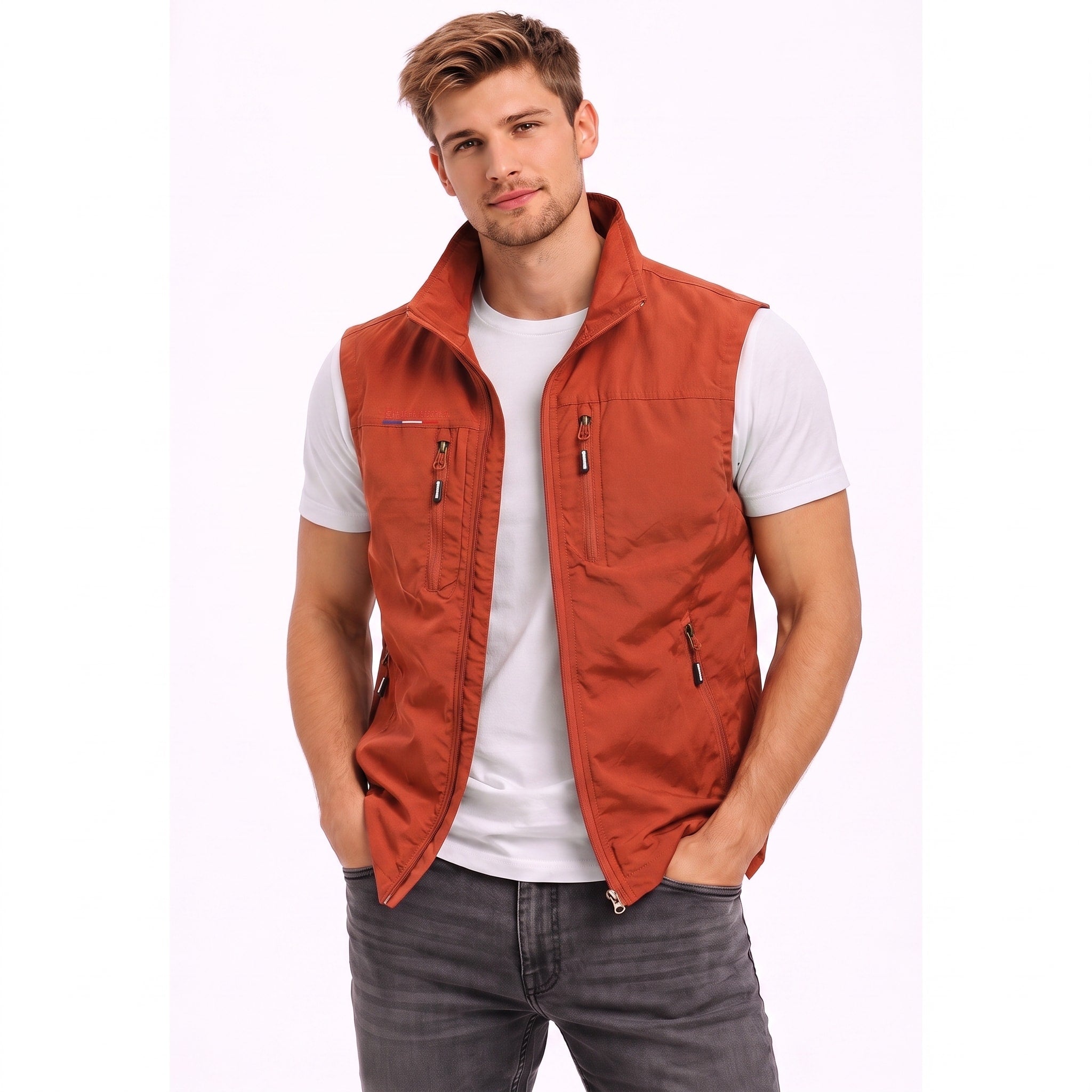 James - Men's Zip-Up Gilet with Multiple Pockets and Stand Collar