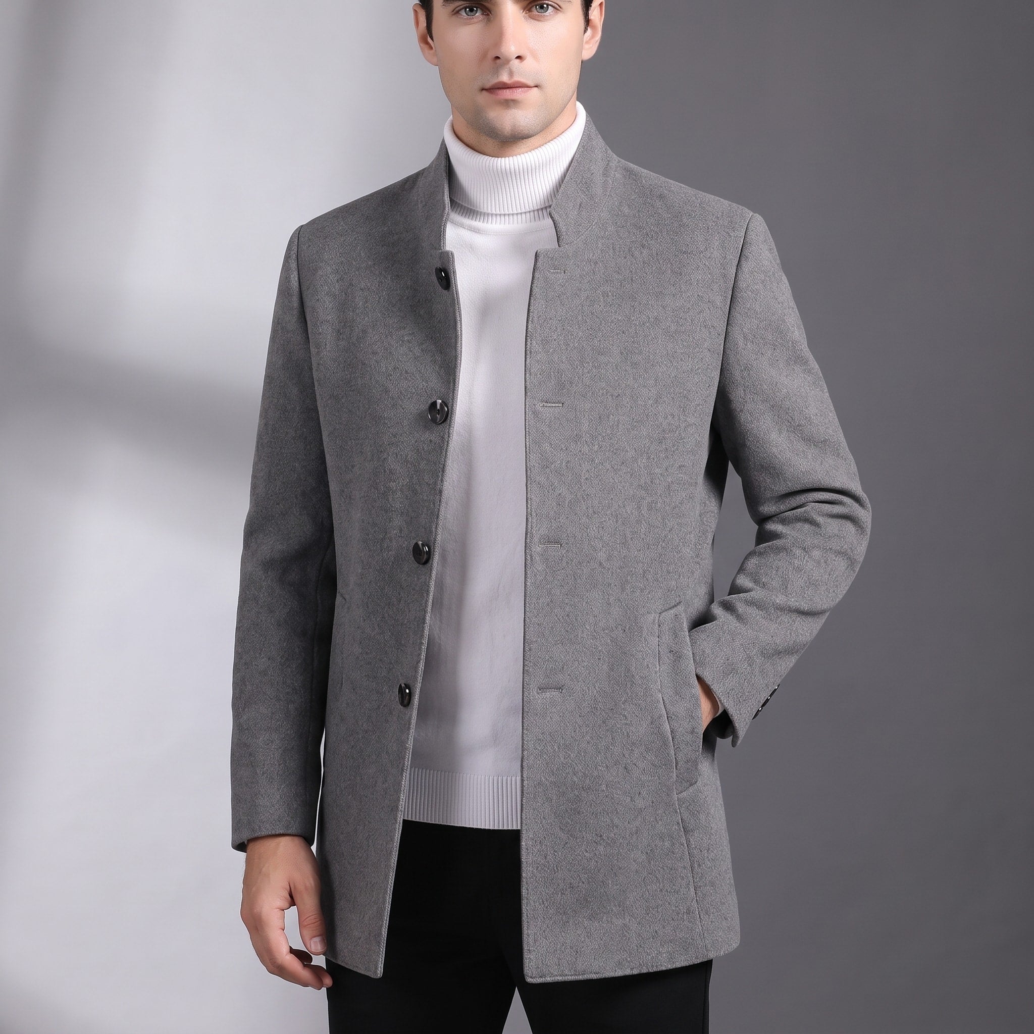 Oliver - Men's Stand Collar Wool Coat with Tartan Lining