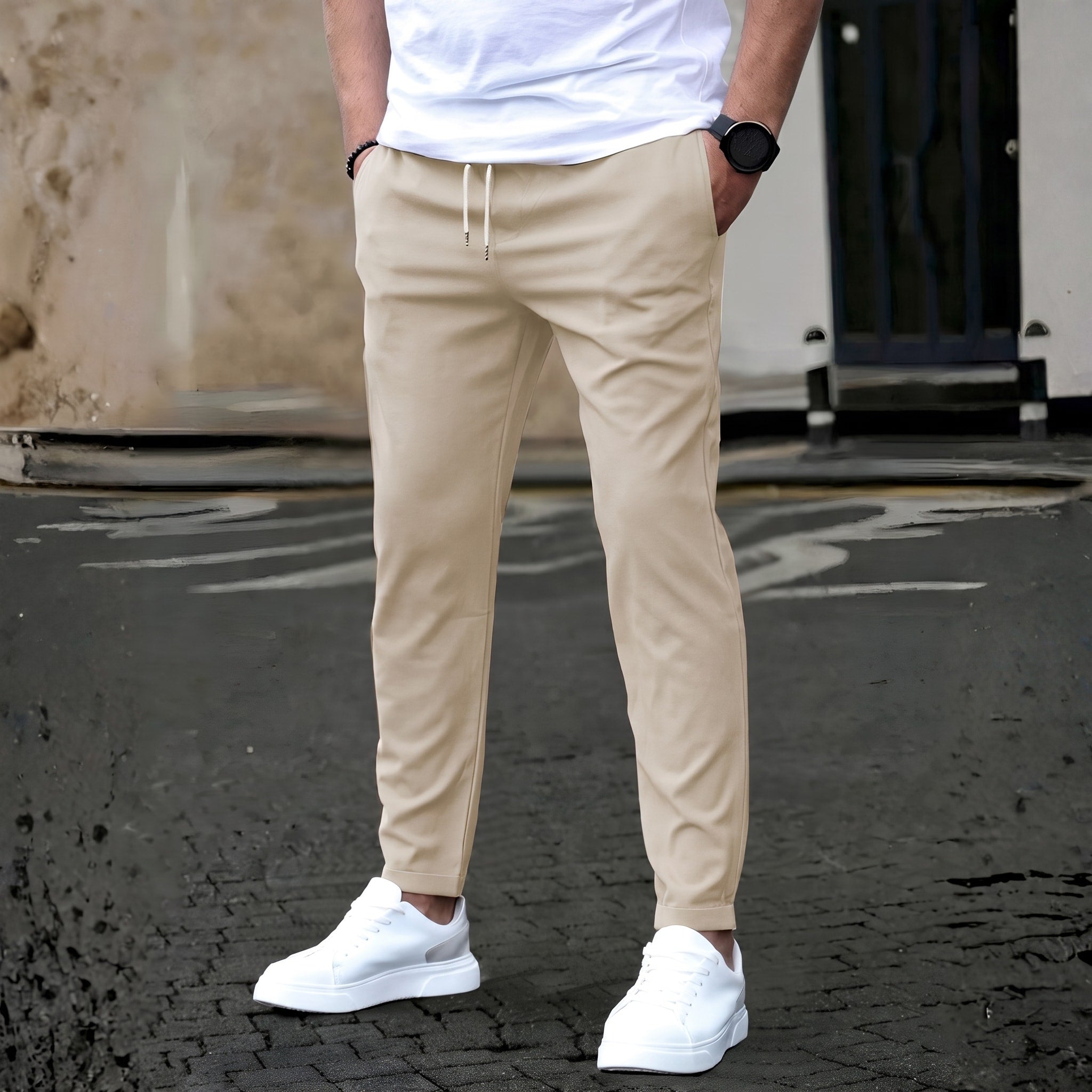 James - Men's Slim Fit Elastic Waist Chinos with Drawstring