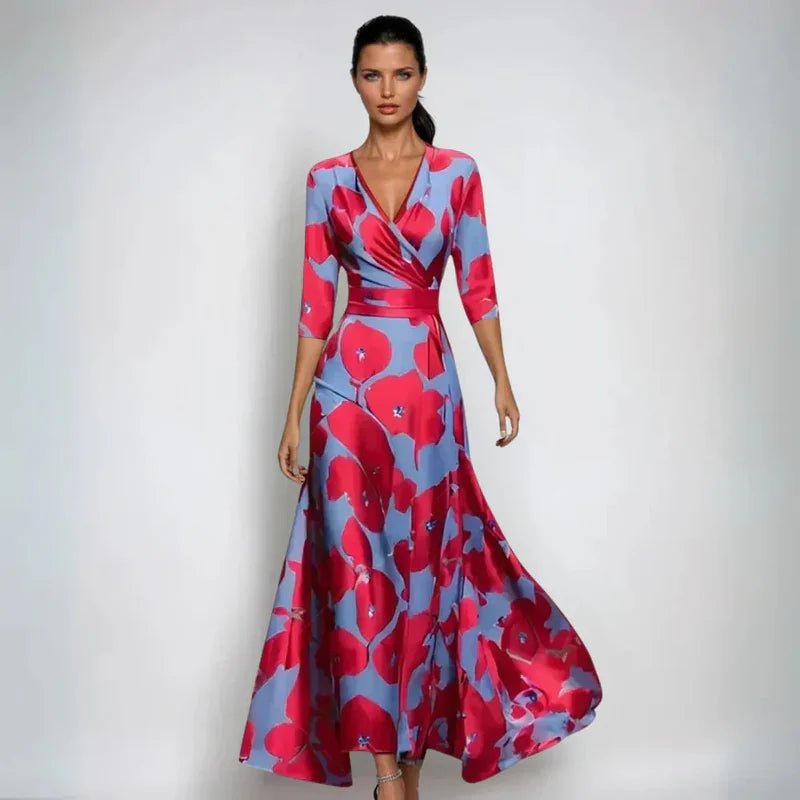 Clara - Women's Floral Wrap Three-Quarter Sleeve Maxi Dress