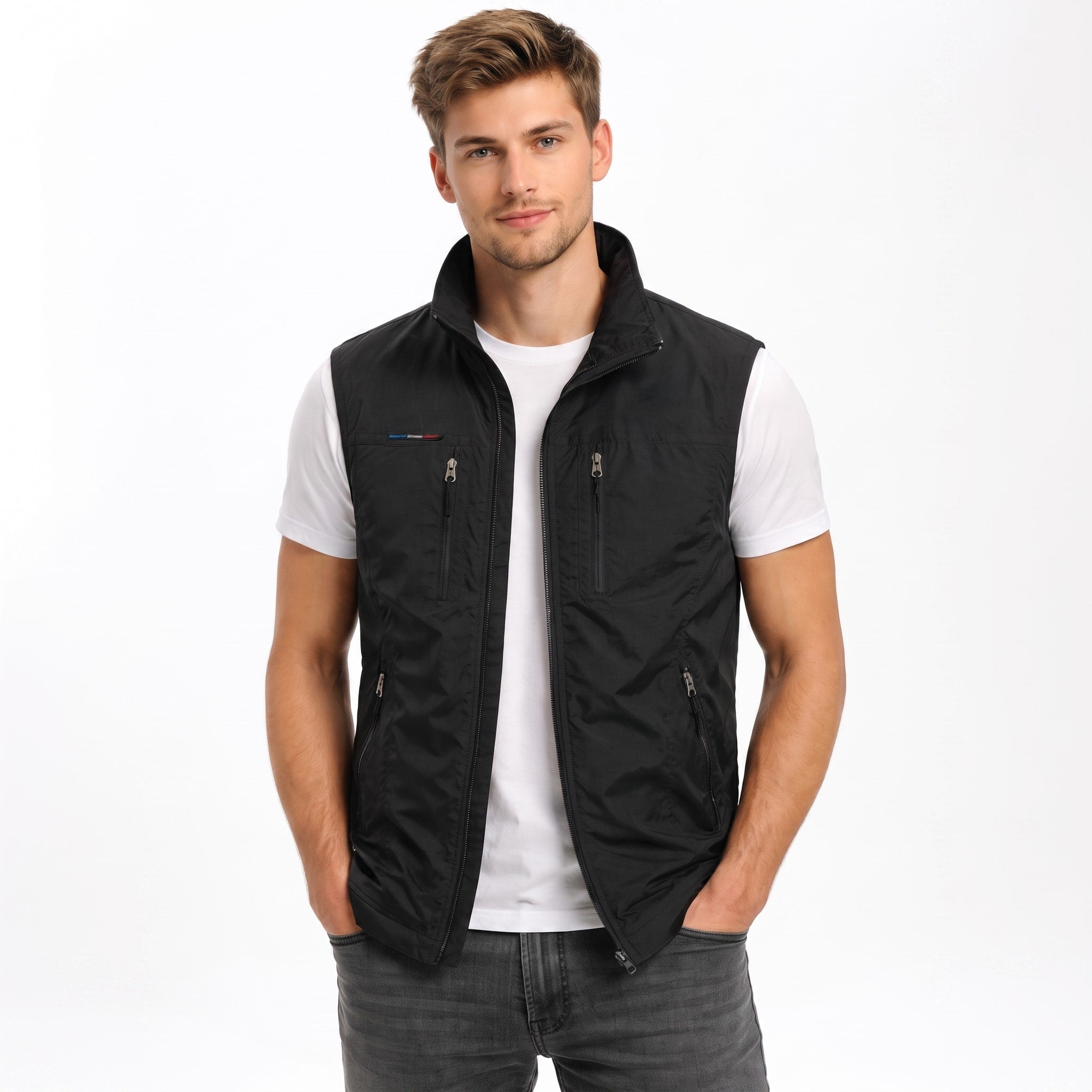 James - Men's Zip-Up Gilet with Multiple Pockets and Stand Collar