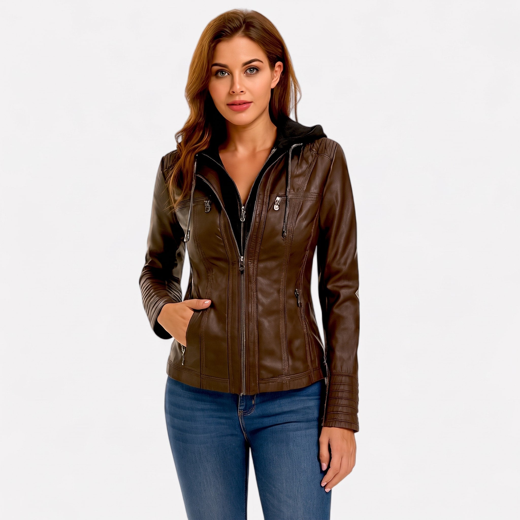 Sarah - Women's Hooded Biker Jacket with Drawstring Hood