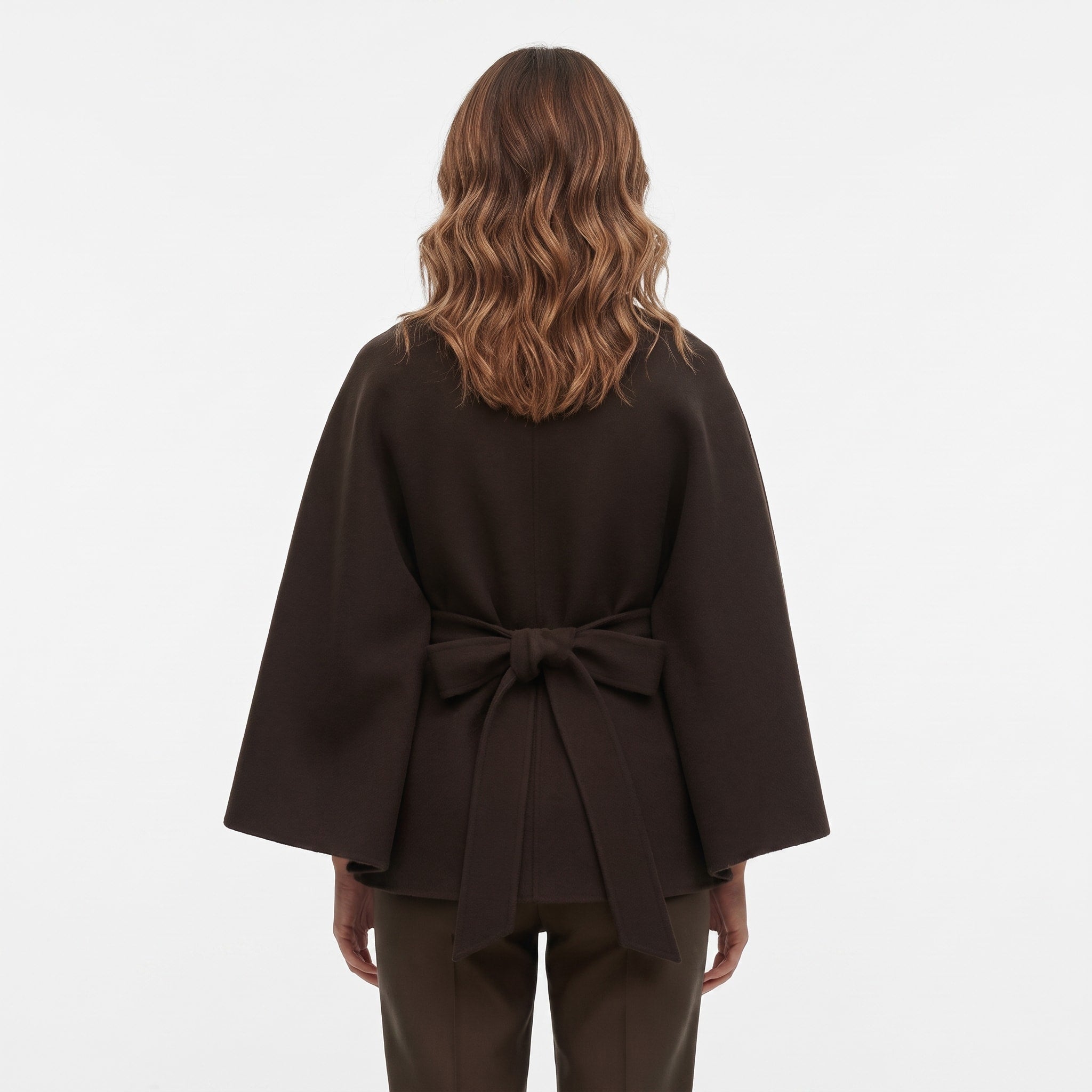 Olivia - Women's Belted Cape Coat with High-Neck Button Collar