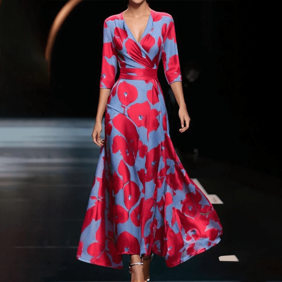 Clara - Women's Floral Wrap Three-Quarter Sleeve Maxi Dress