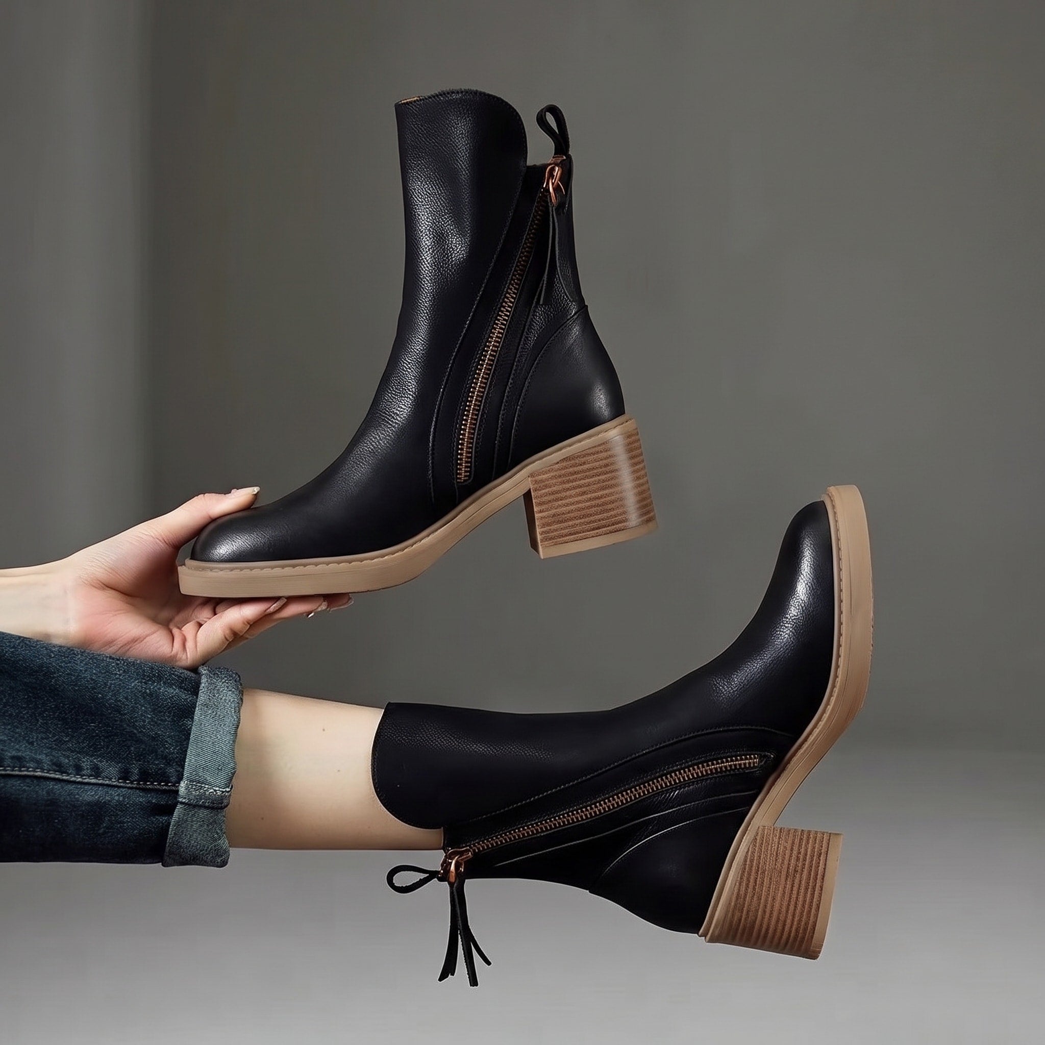 Emma - Women's Block Heel Ankle Boots with Double Zip