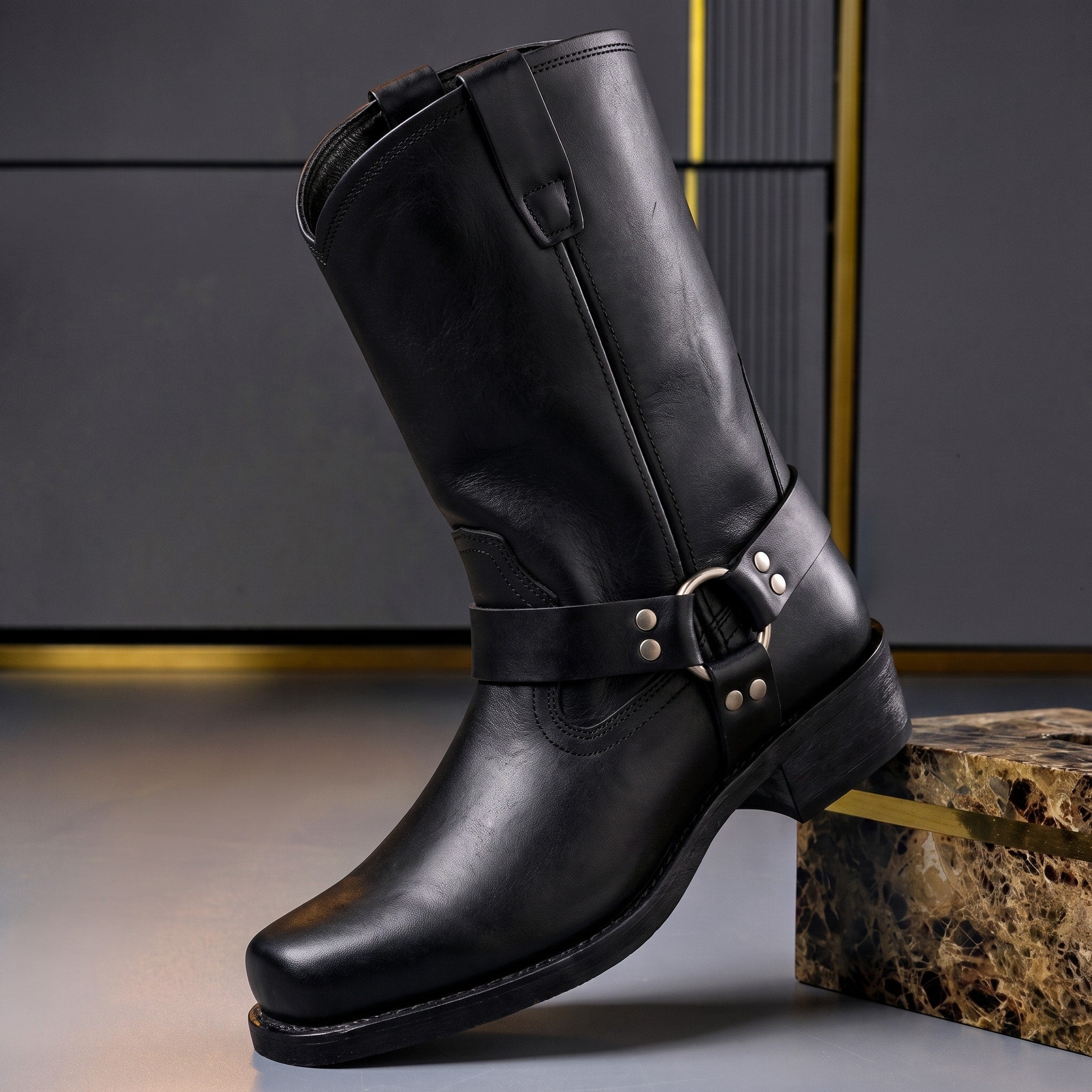 Victor - Men's Harness Boots with Buckle Strap and Block Heel