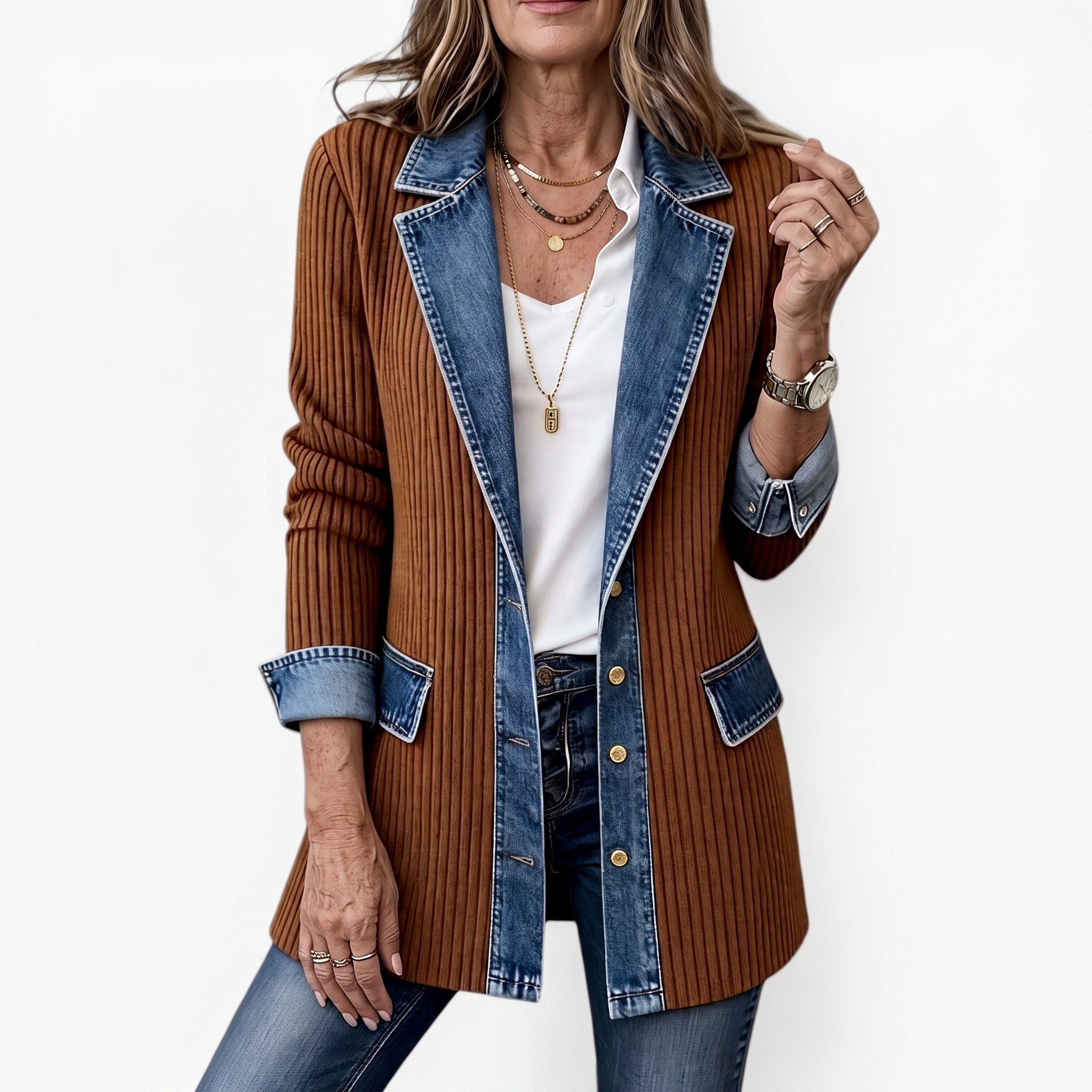 Margaret - Women's Longline Contrast Collar Blazer Jacket