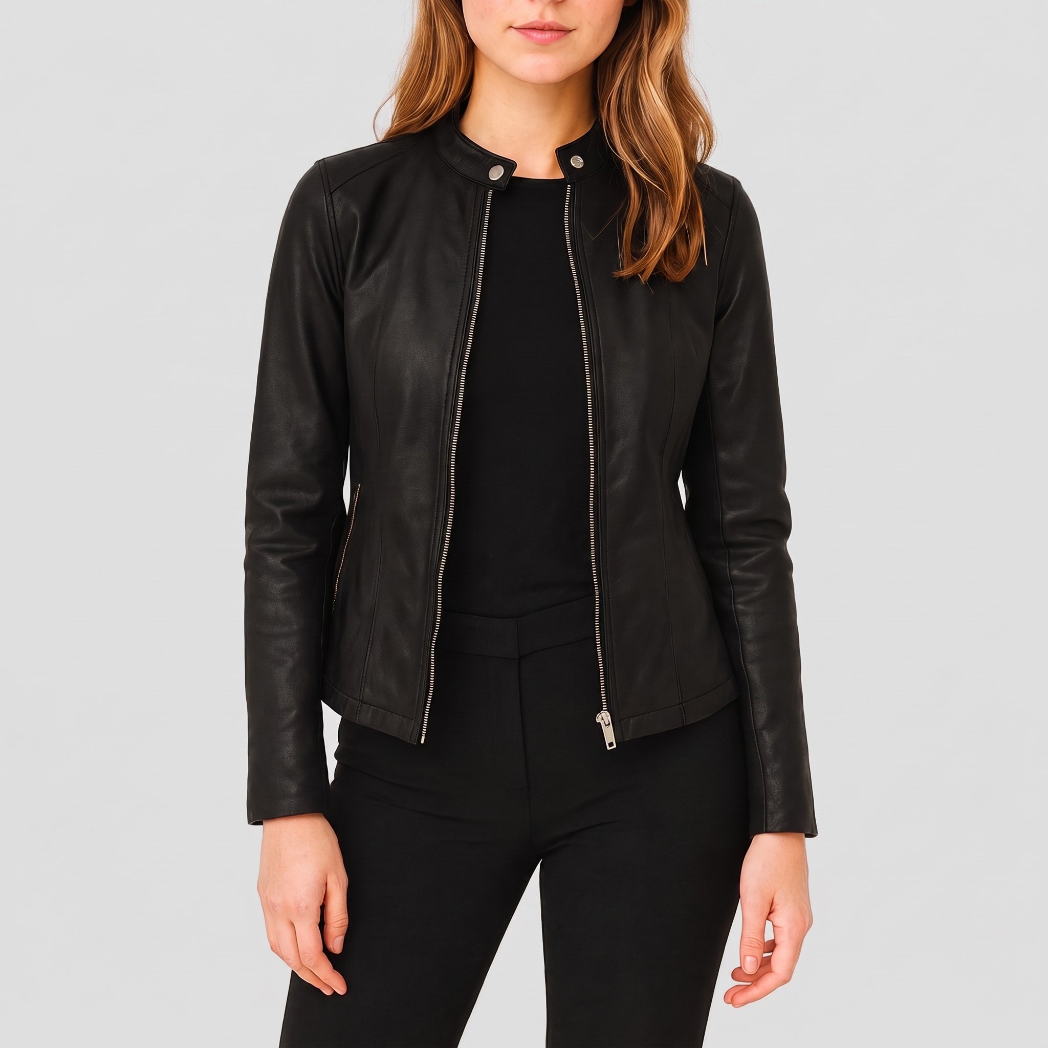 Sophie - Women's Fitted Zip-Up Biker Jacket with Snap Collar