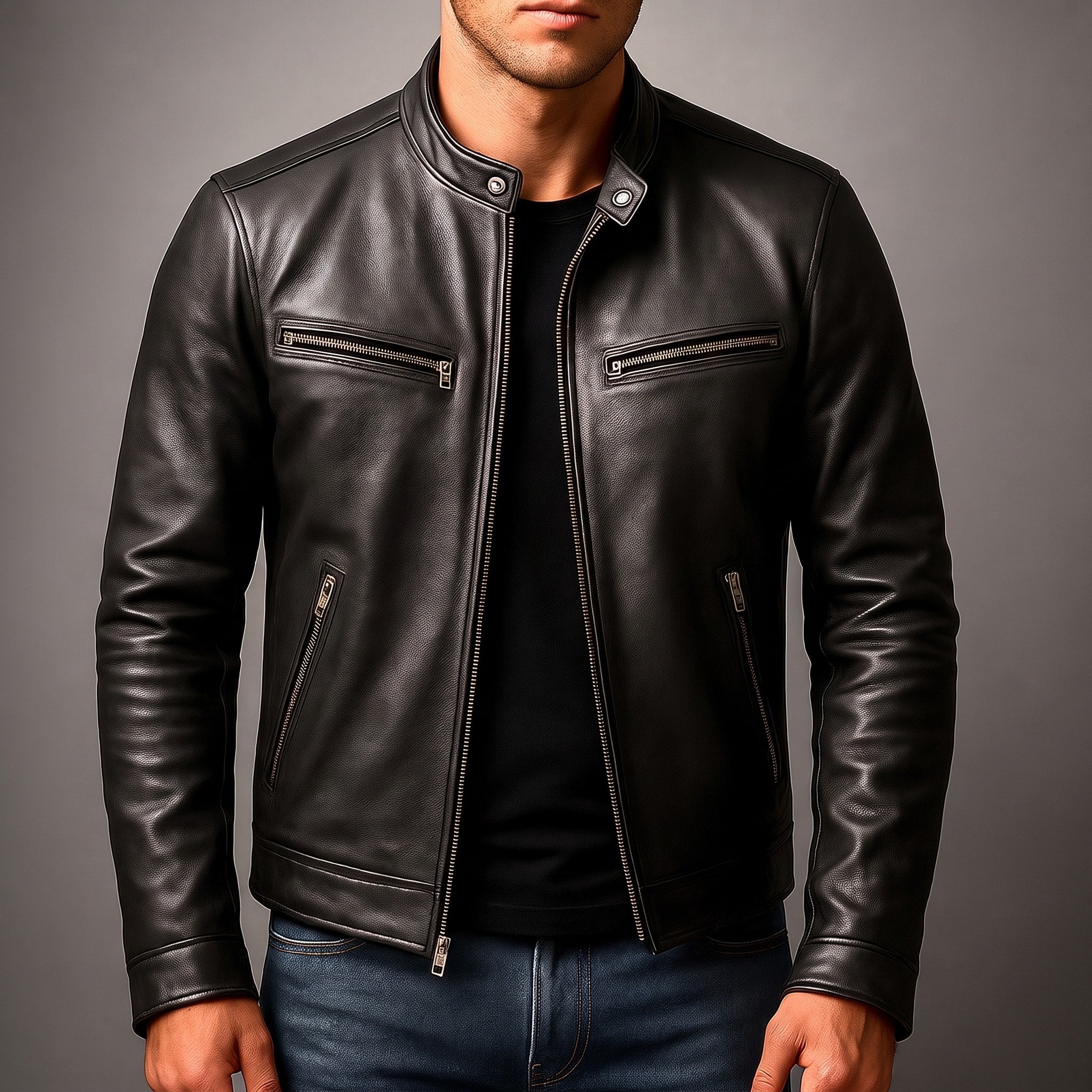 Jack - Men's Leather Biker Jacket with Zip Pockets and Snap Collar