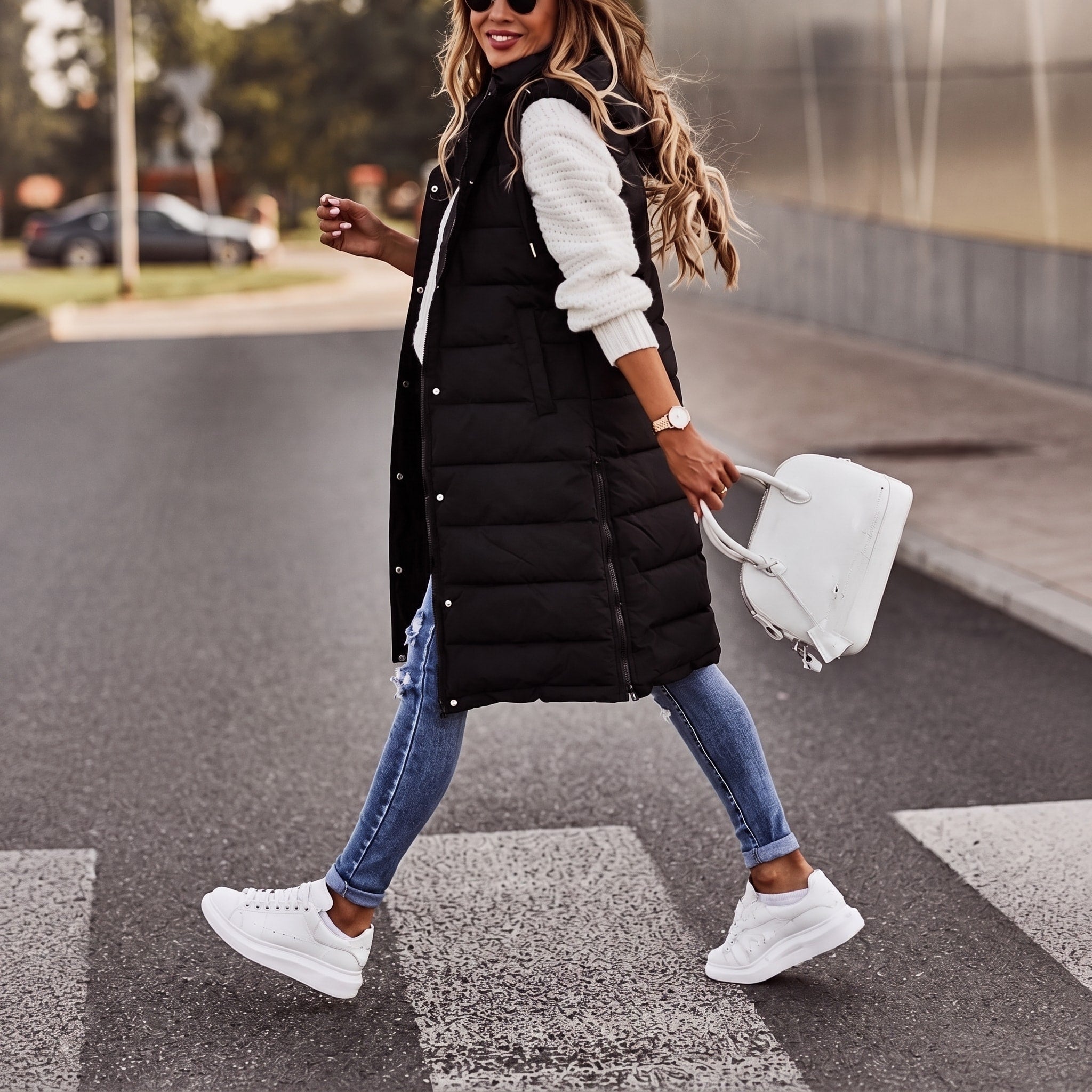 Olivia - Women's Longline Quilted Hooded Gilet with Side Pockets