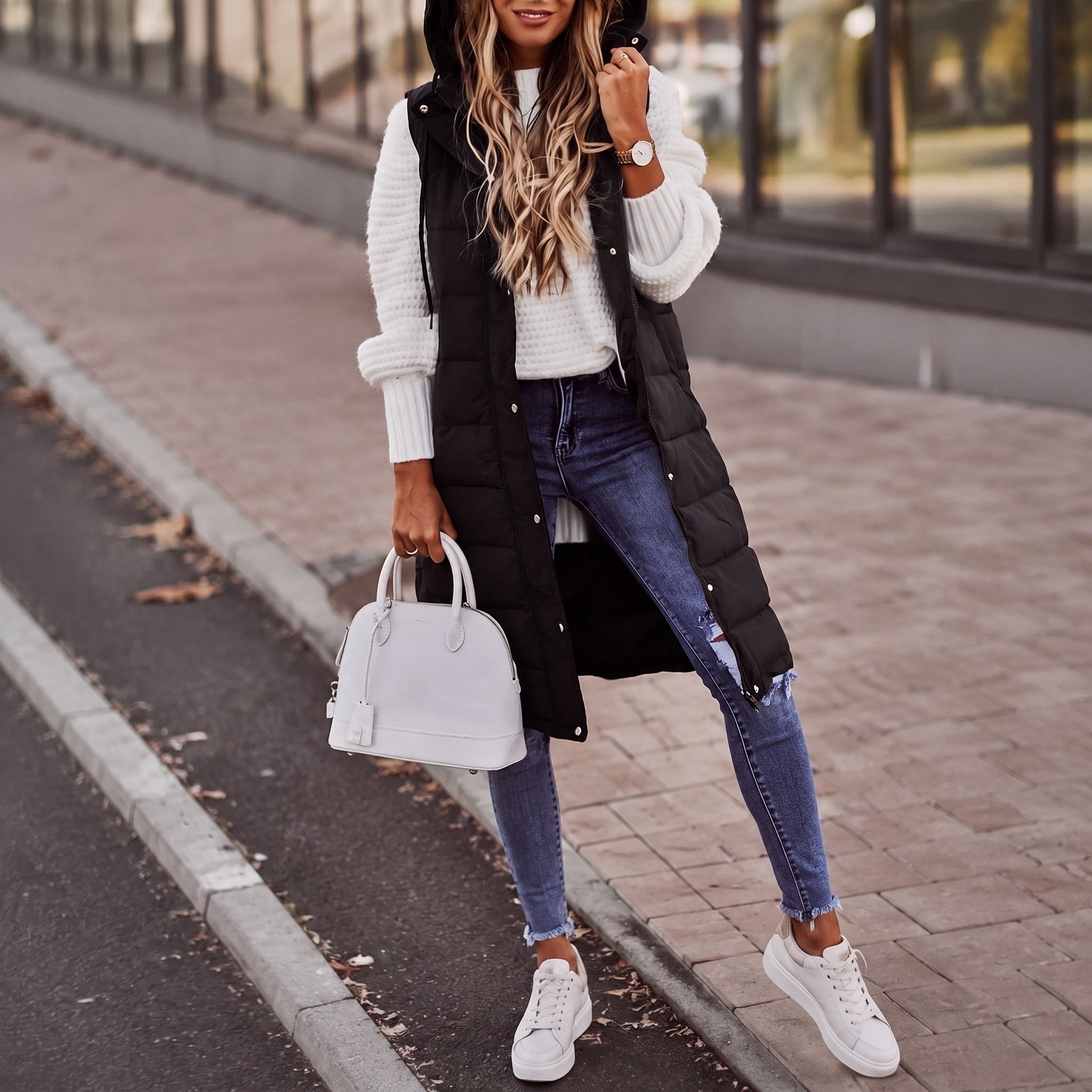 Olivia - Women's Longline Quilted Hooded Gilet with Side Pockets