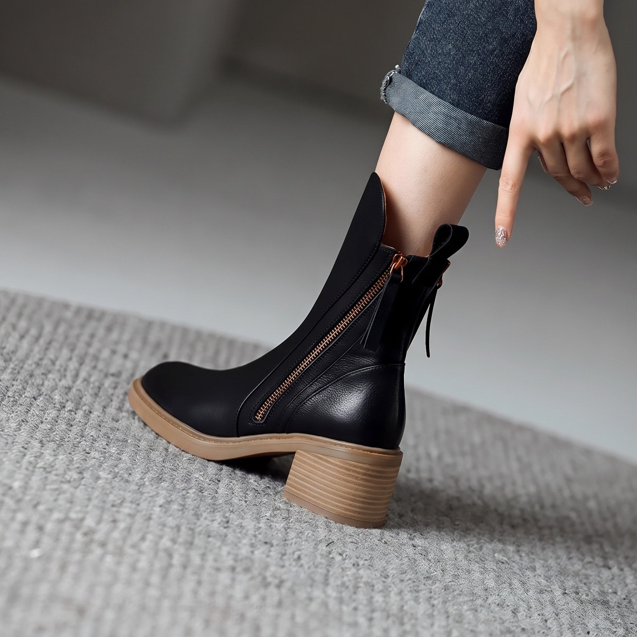 Emma - Women's Block Heel Ankle Boots with Double Zip