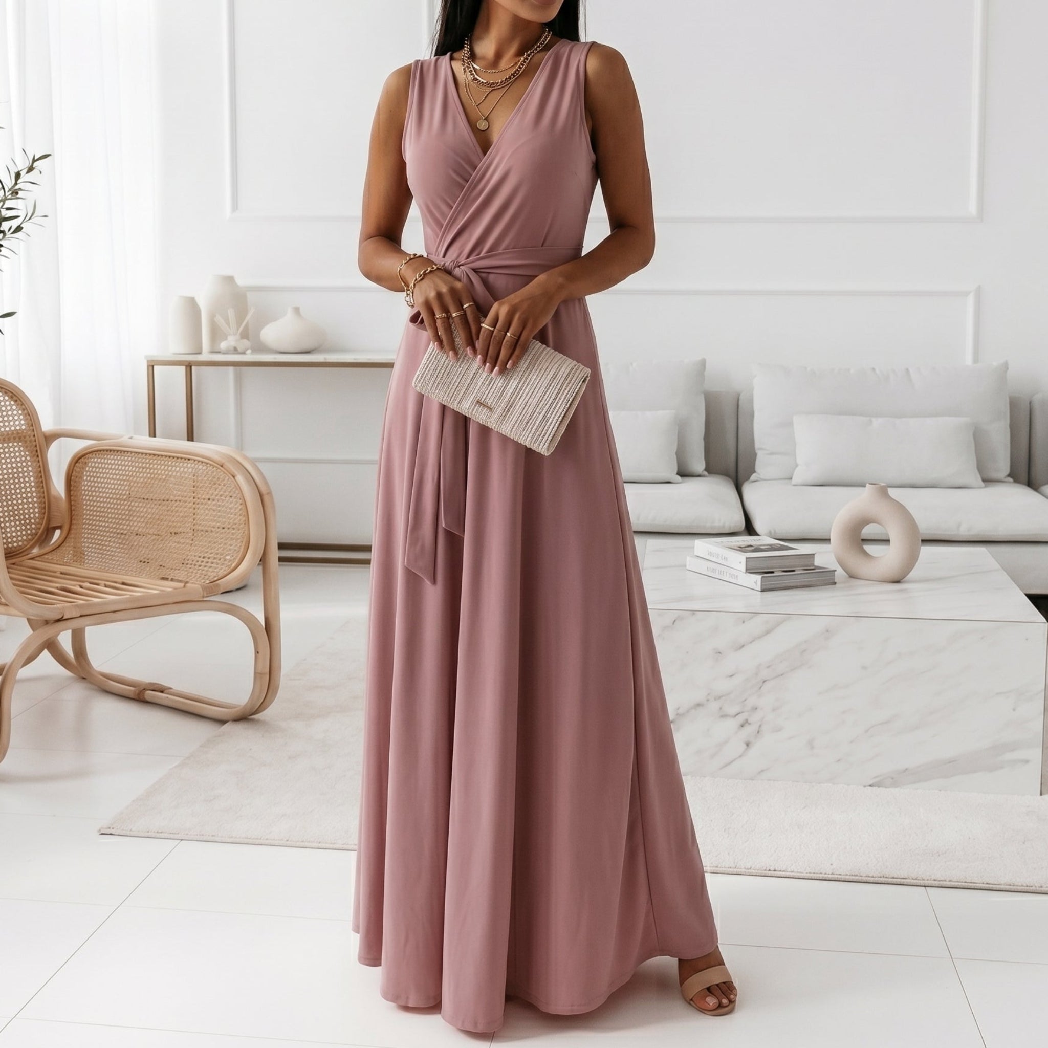 Isabella - Women's Wedding Guest Wrap Sleeveless Maxi Dress