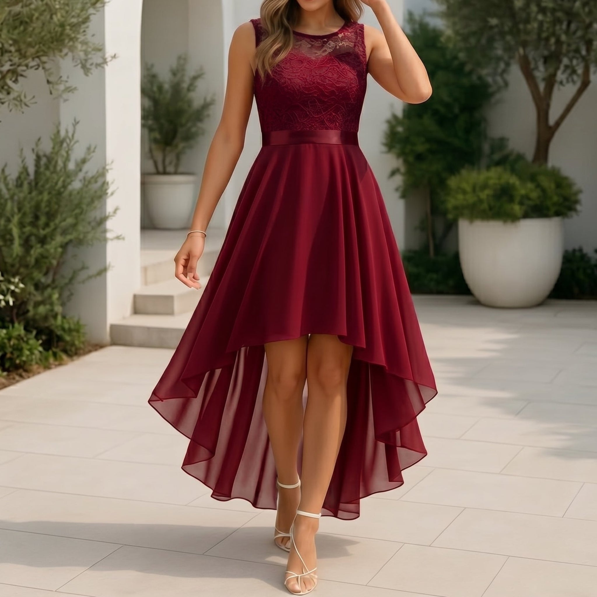 Rosie - Women's Party Lace Bodice High-Low Midi Dress