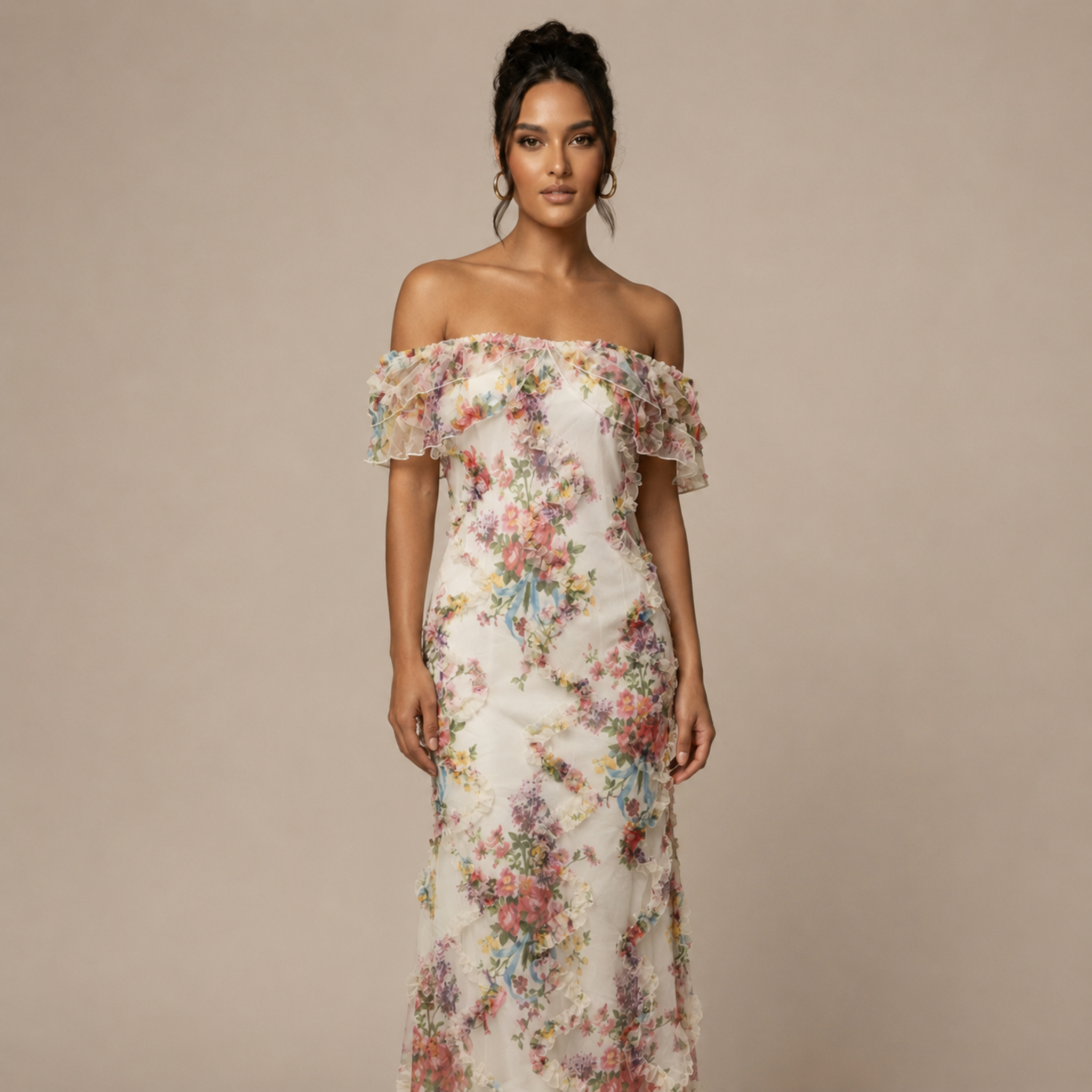 Gisela - Women's Vintage Floral Off-Shoulder Ruffle Party Maxi Dress