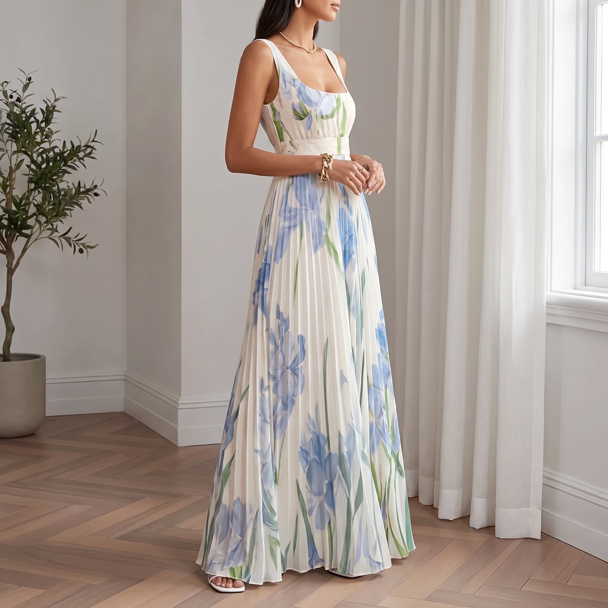 Clara - Women's Summer Floral Print Pleated Maxi Dress