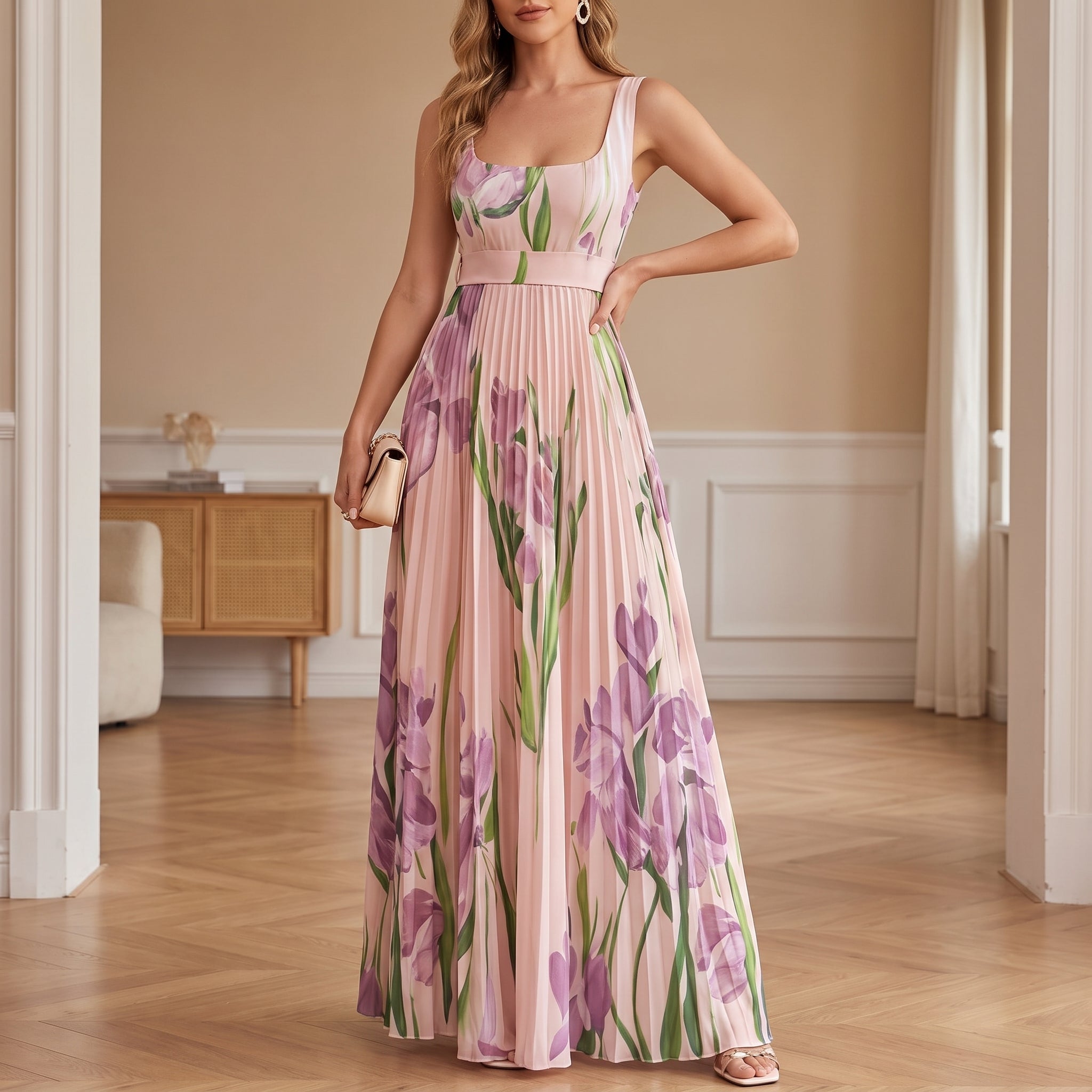 Clara - Women's Summer Floral Print Pleated Maxi Dress