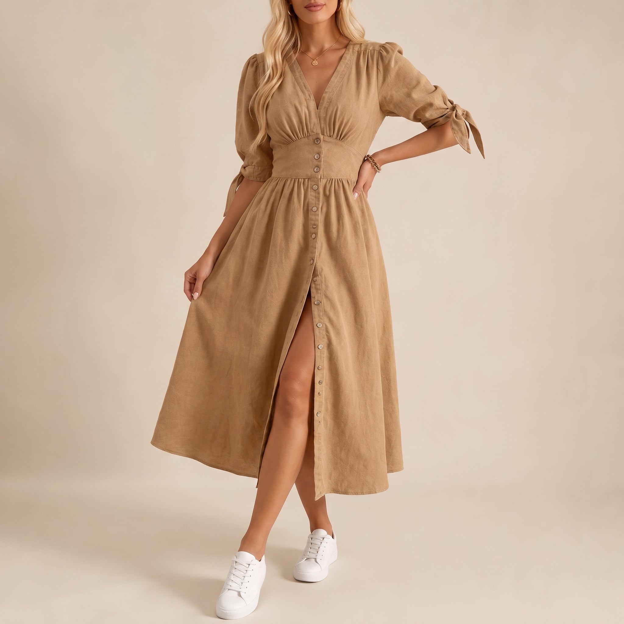 Sophie - Women's Summer Button-Down Midi Dress with Tie Sleeves
