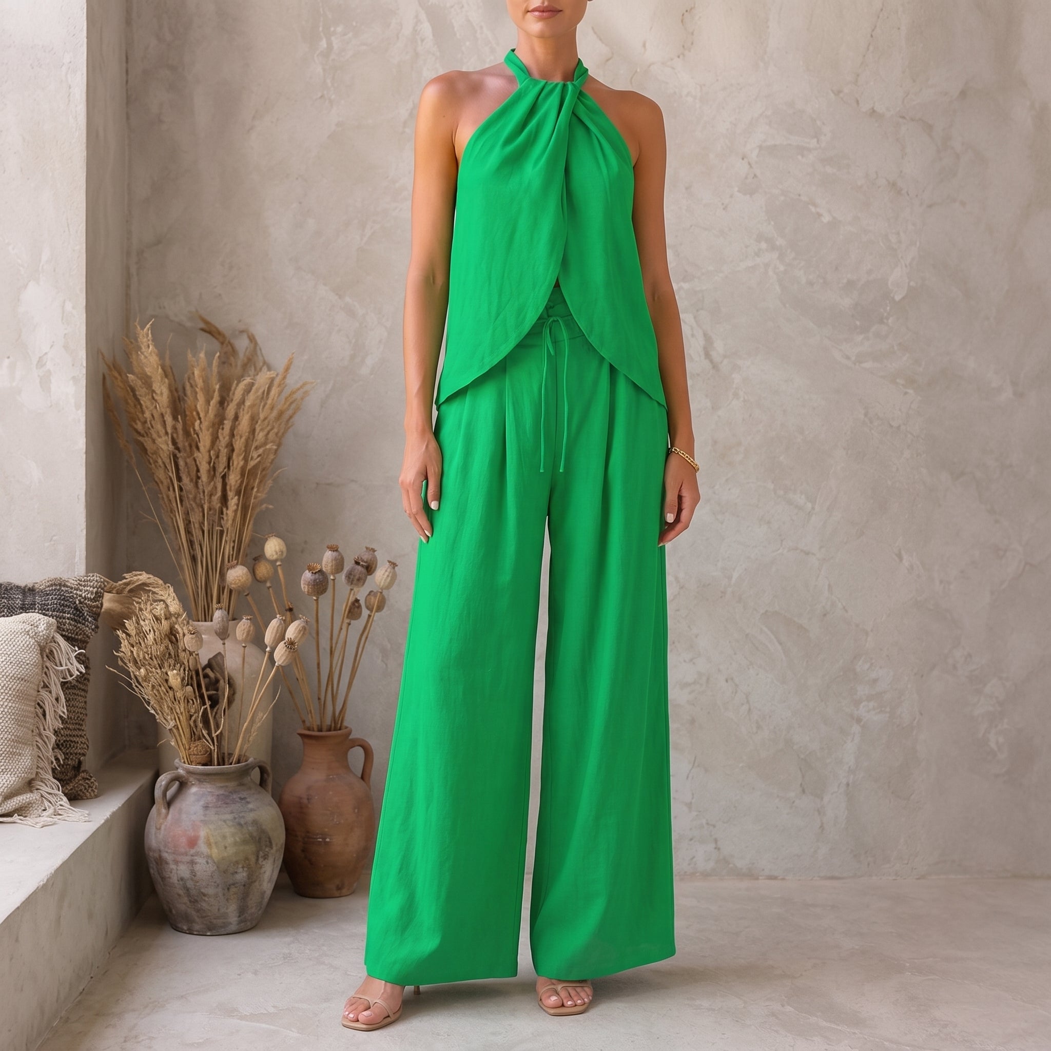 Phoebe - Women's Summer Halter Neck Draped Wrap Co-ord Set