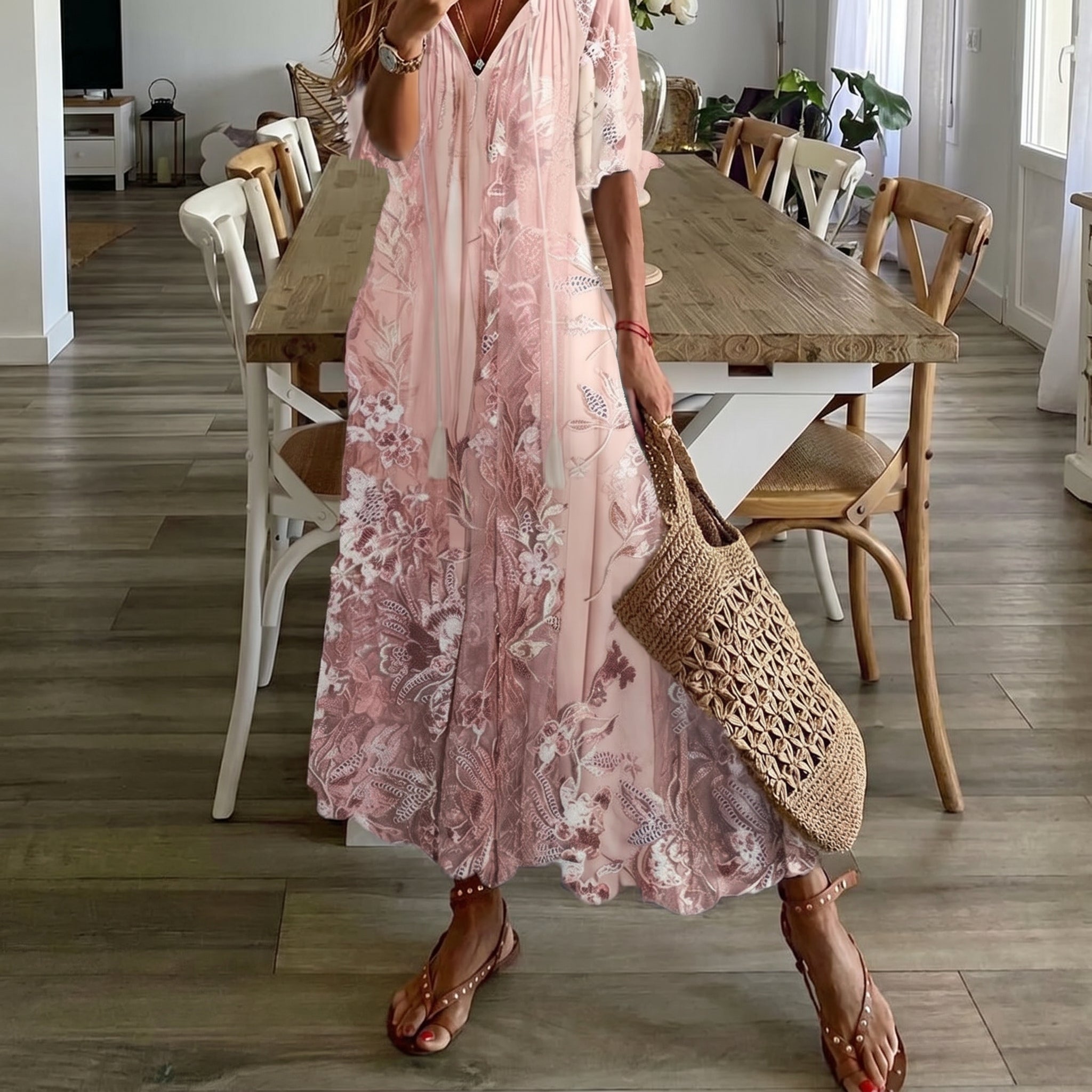 Rosa - Women's Summer Floral Print Tassel Tie Maxi Dress