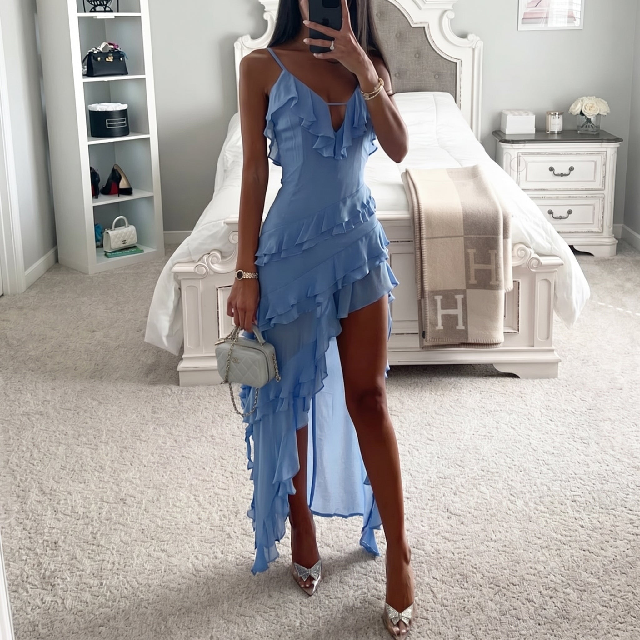 Sofia - Women's Evening Lace Ruffle Asymmetric Maxi Dress