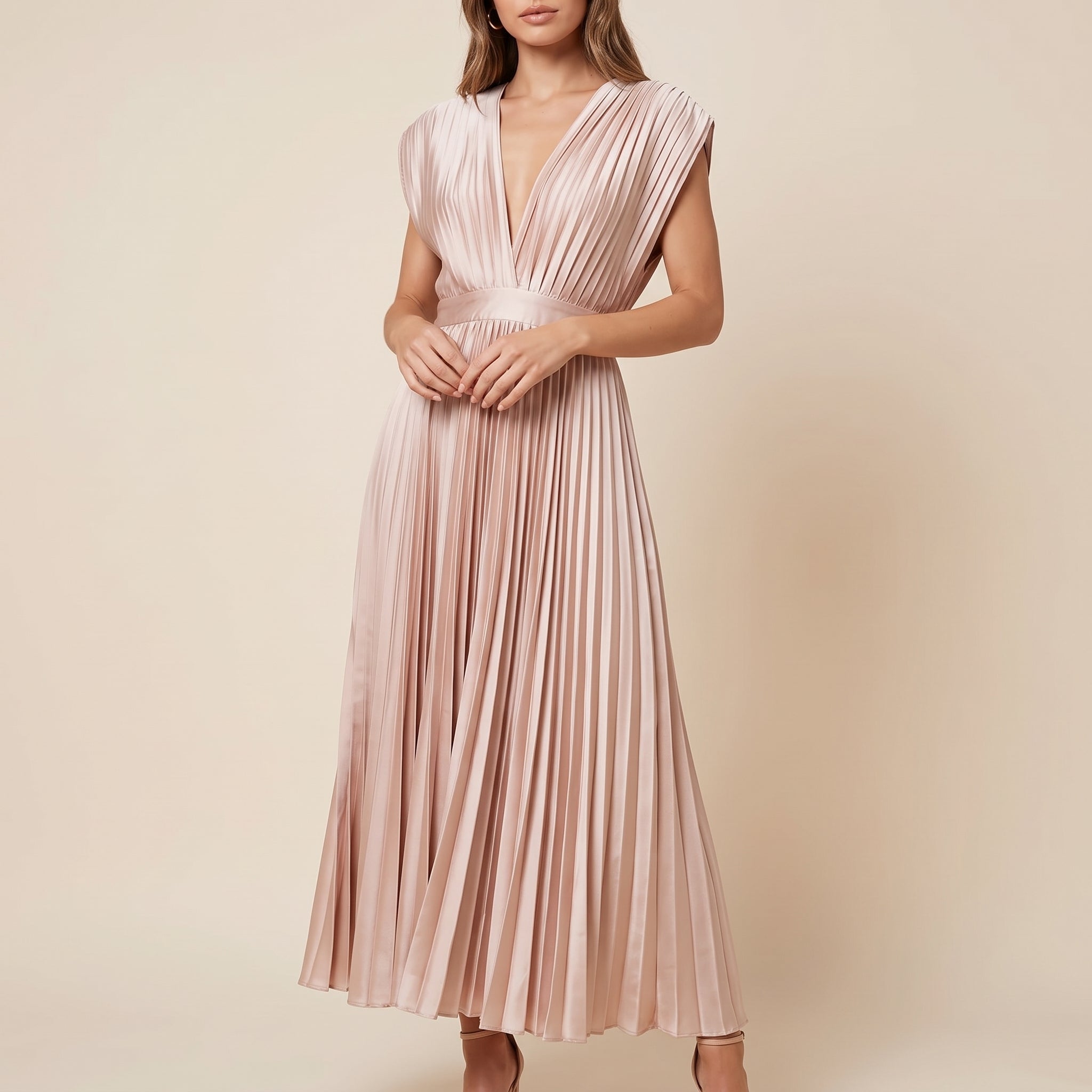 Clara - Women's Wedding Guest Pleated Cap Sleeves Maxi Dress