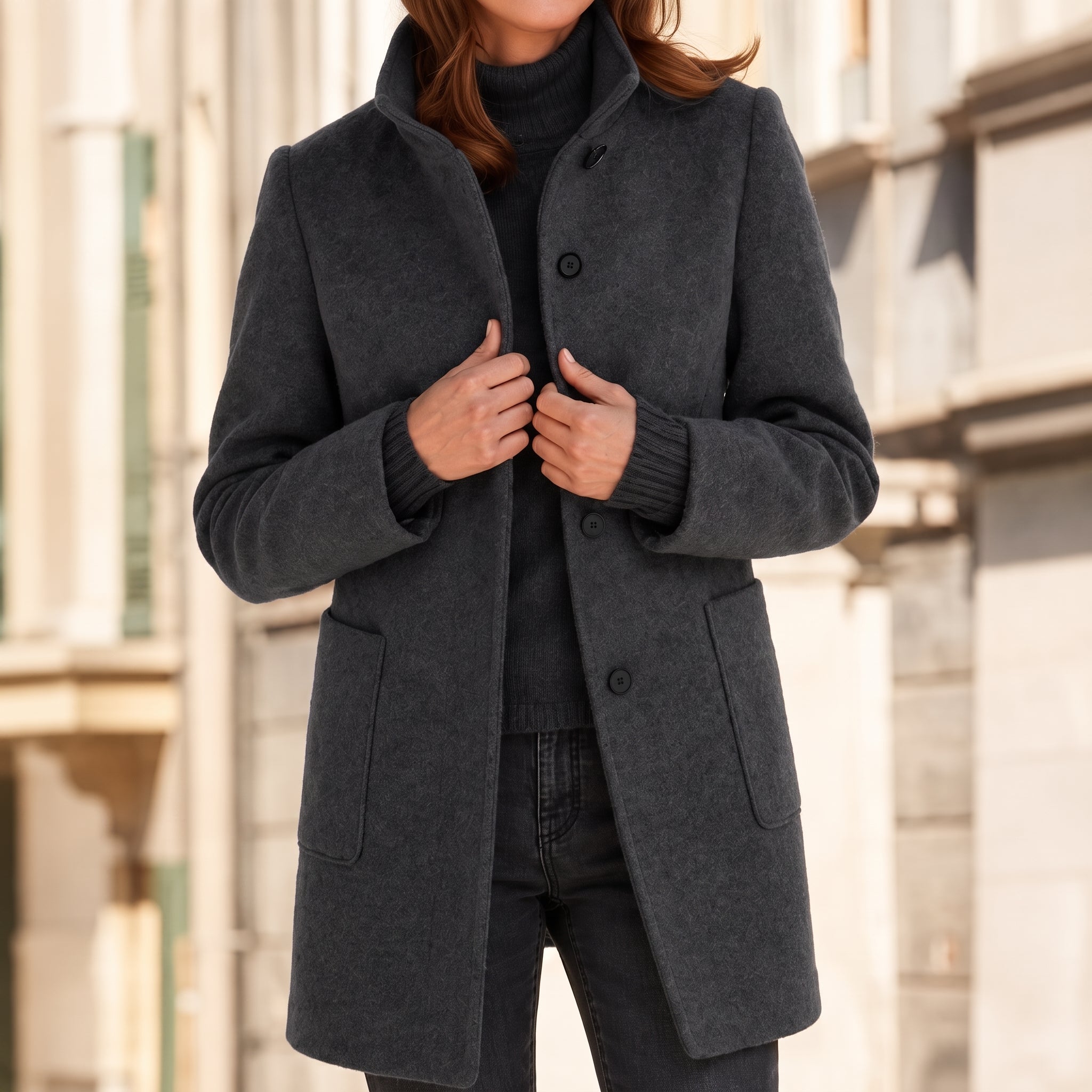 Charlotte - Women's Longline Wool-Look Coat with Stand Collar