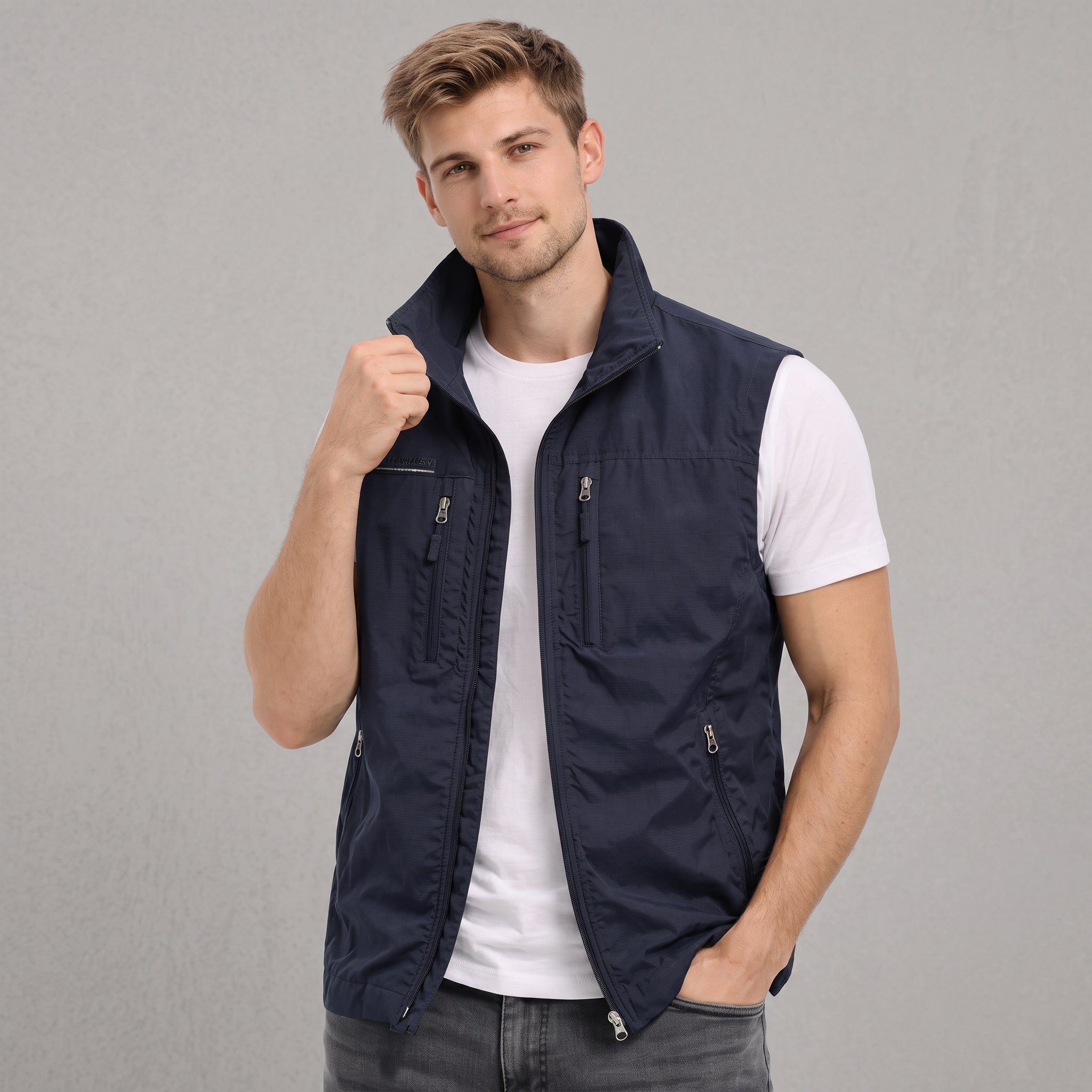 James - Men's Zip-Up Gilet with Multiple Pockets and Stand Collar