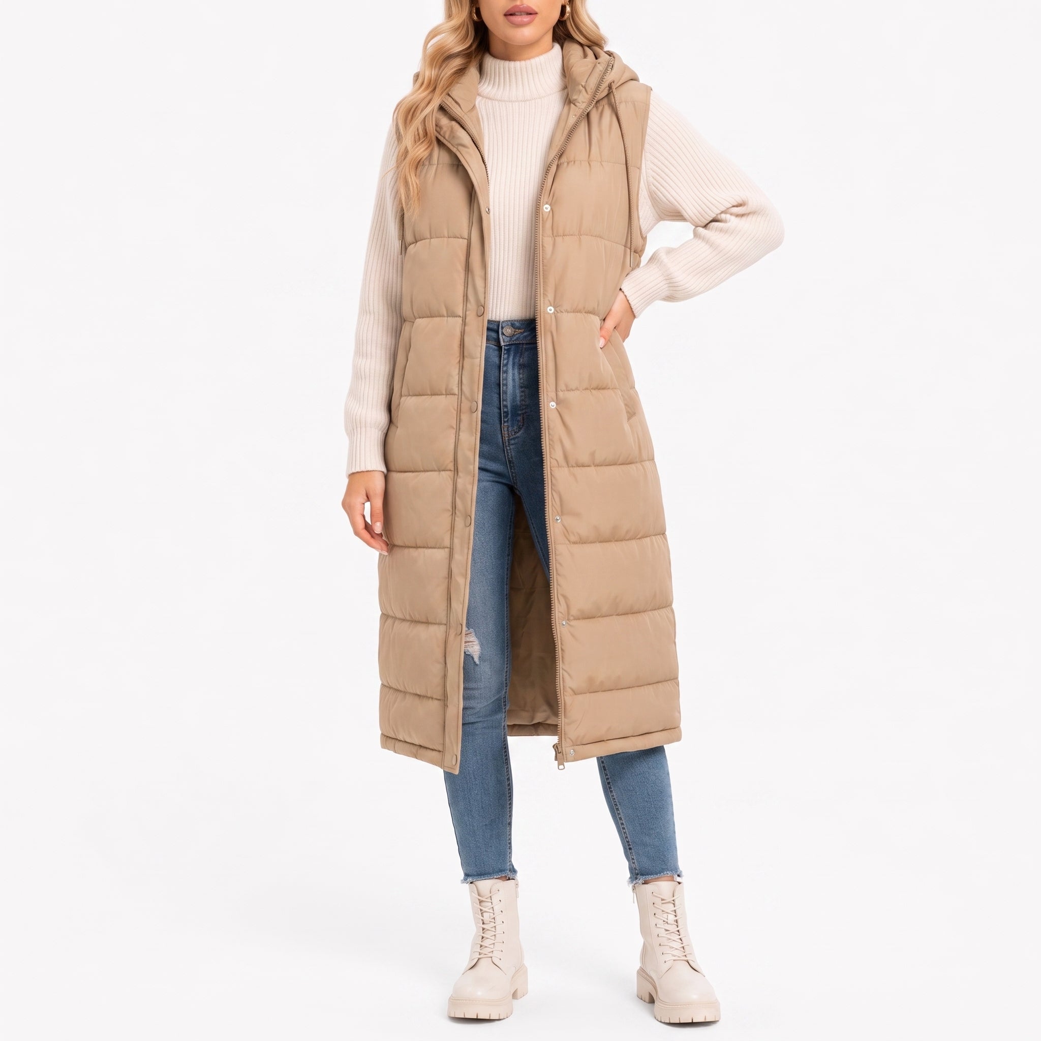 Isla - Women's Longline Hooded Puffer Gilet with Side Pockets