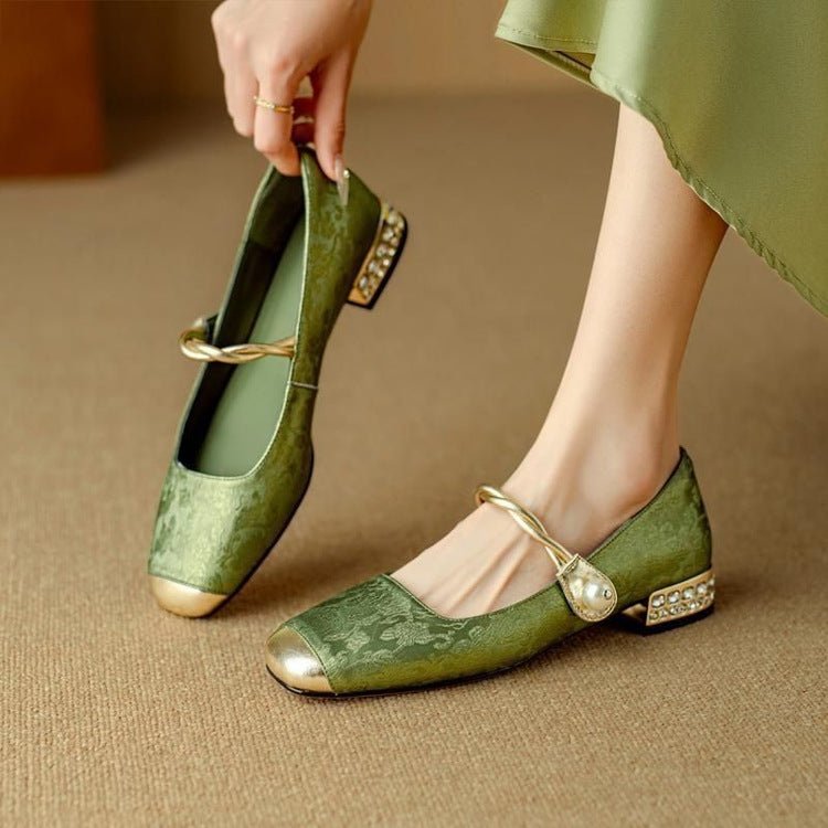 Cecilia - Women's Square Toe Mary Jane Pumps with Pearl Detail