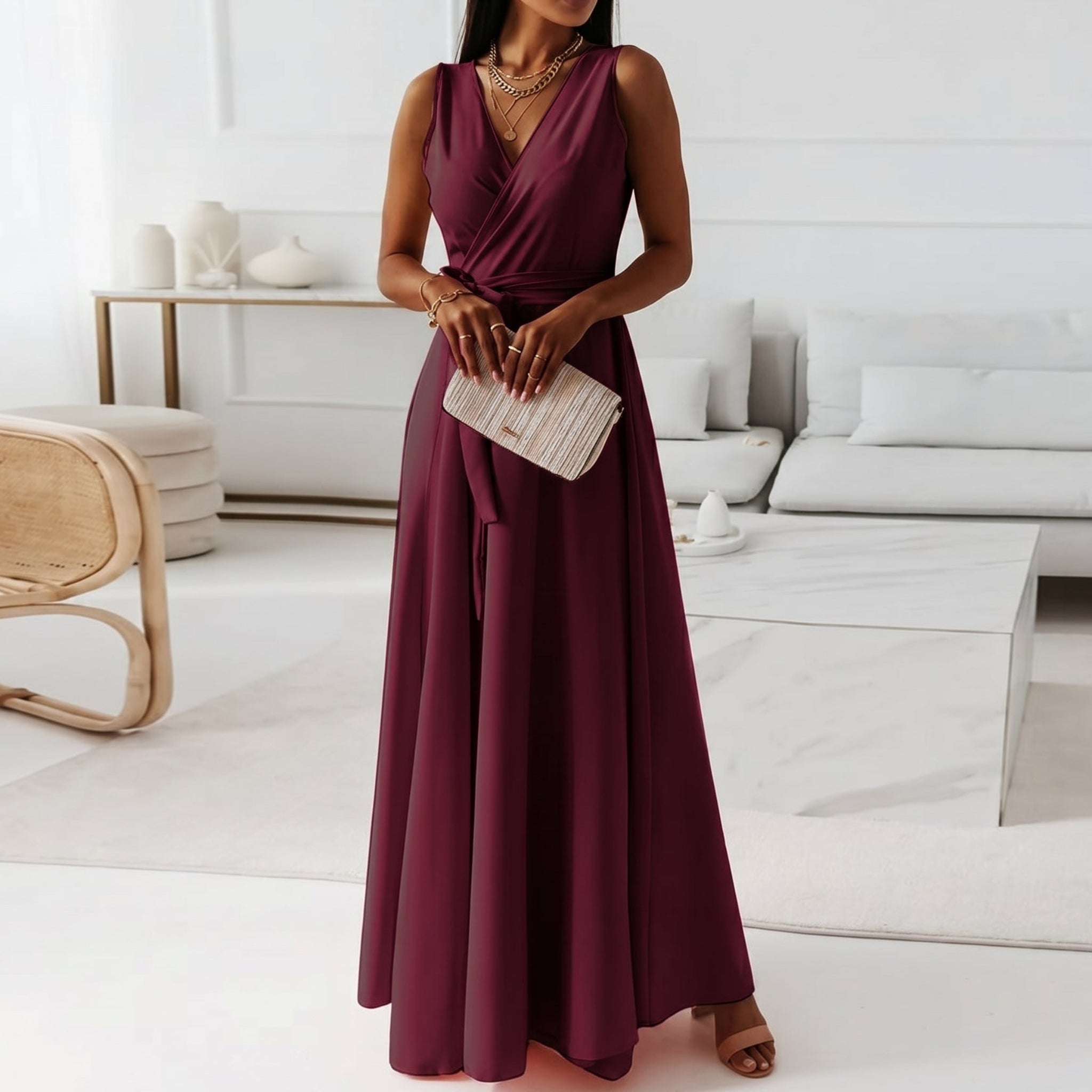 Isabella - Women's Wedding Guest Wrap Sleeveless Maxi Dress