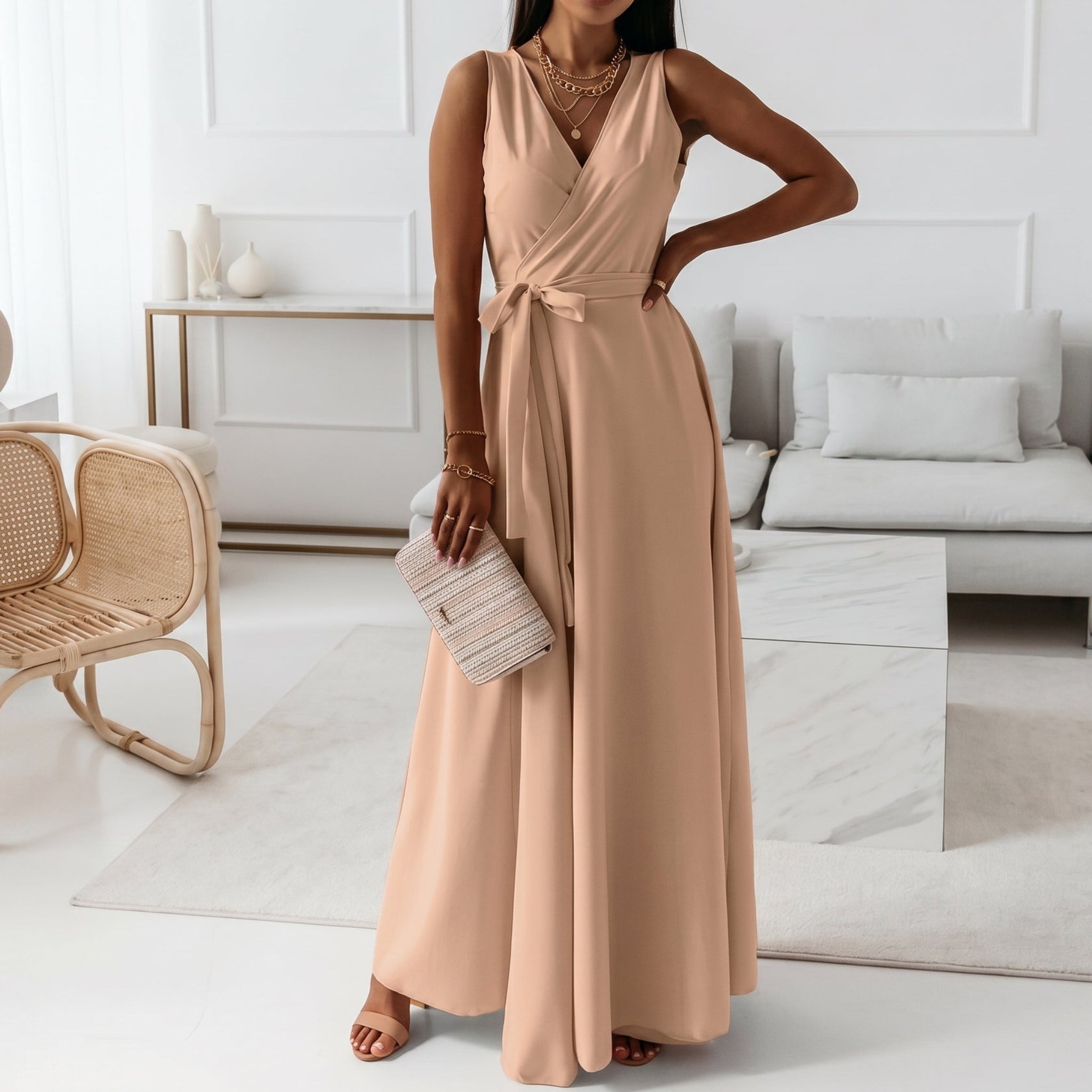 Isabella - Women's Wedding Guest Wrap Sleeveless Maxi Dress