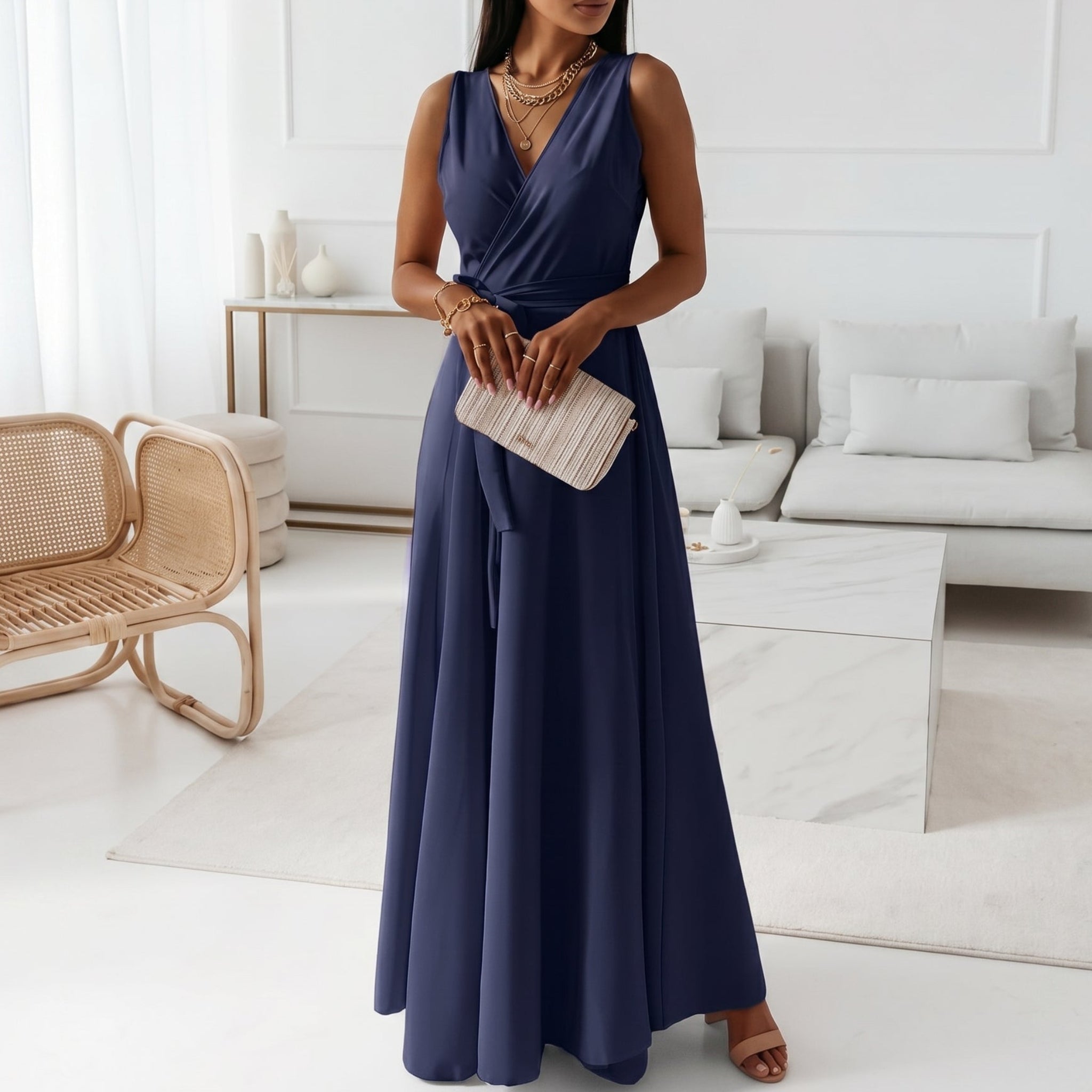 Isabella - Women's Wedding Guest Wrap Sleeveless Maxi Dress