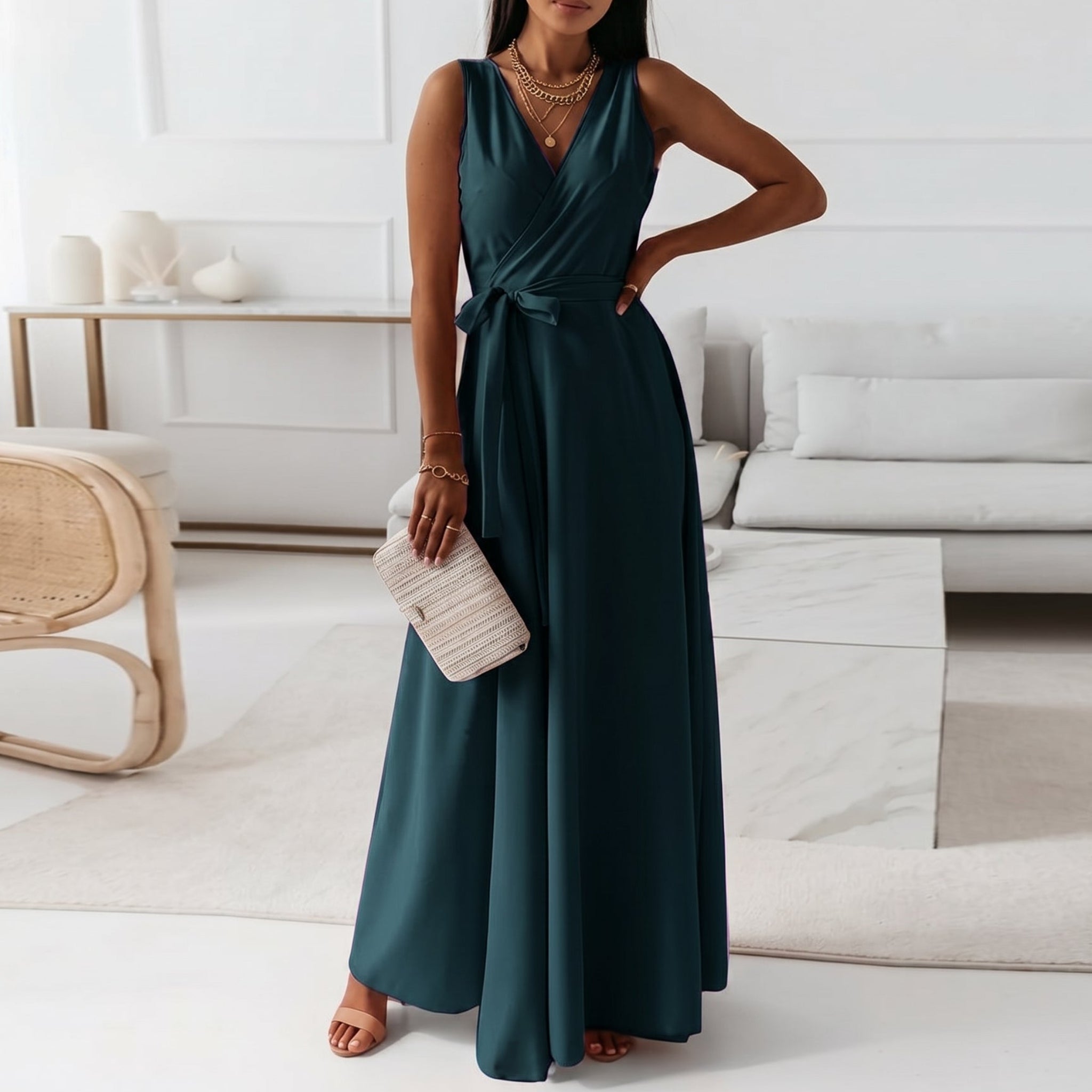 Isabella - Women's Wedding Guest Wrap Sleeveless Maxi Dress