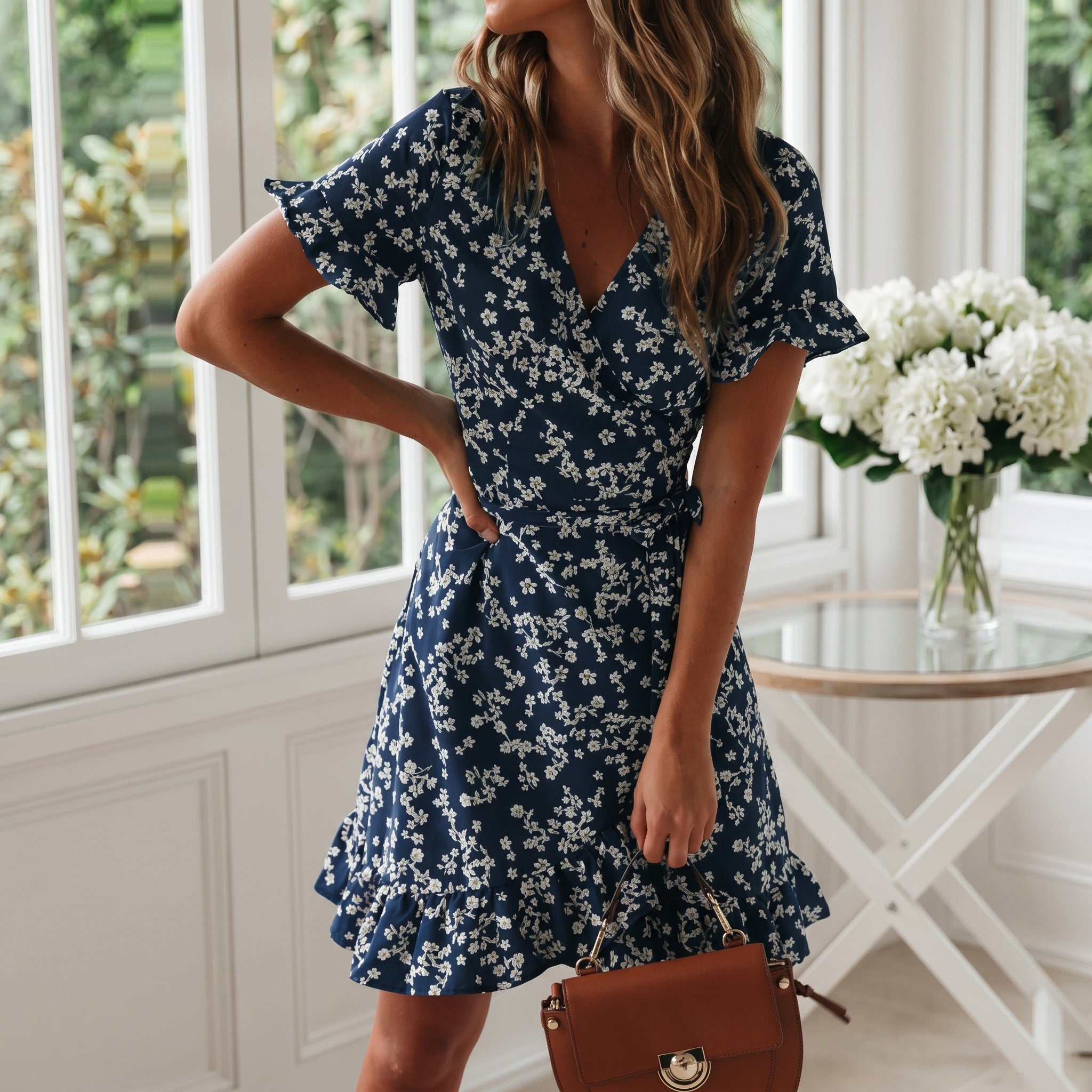 Georgia - Women's Summer Floral Wrap Ruffle Hem Mini Dress