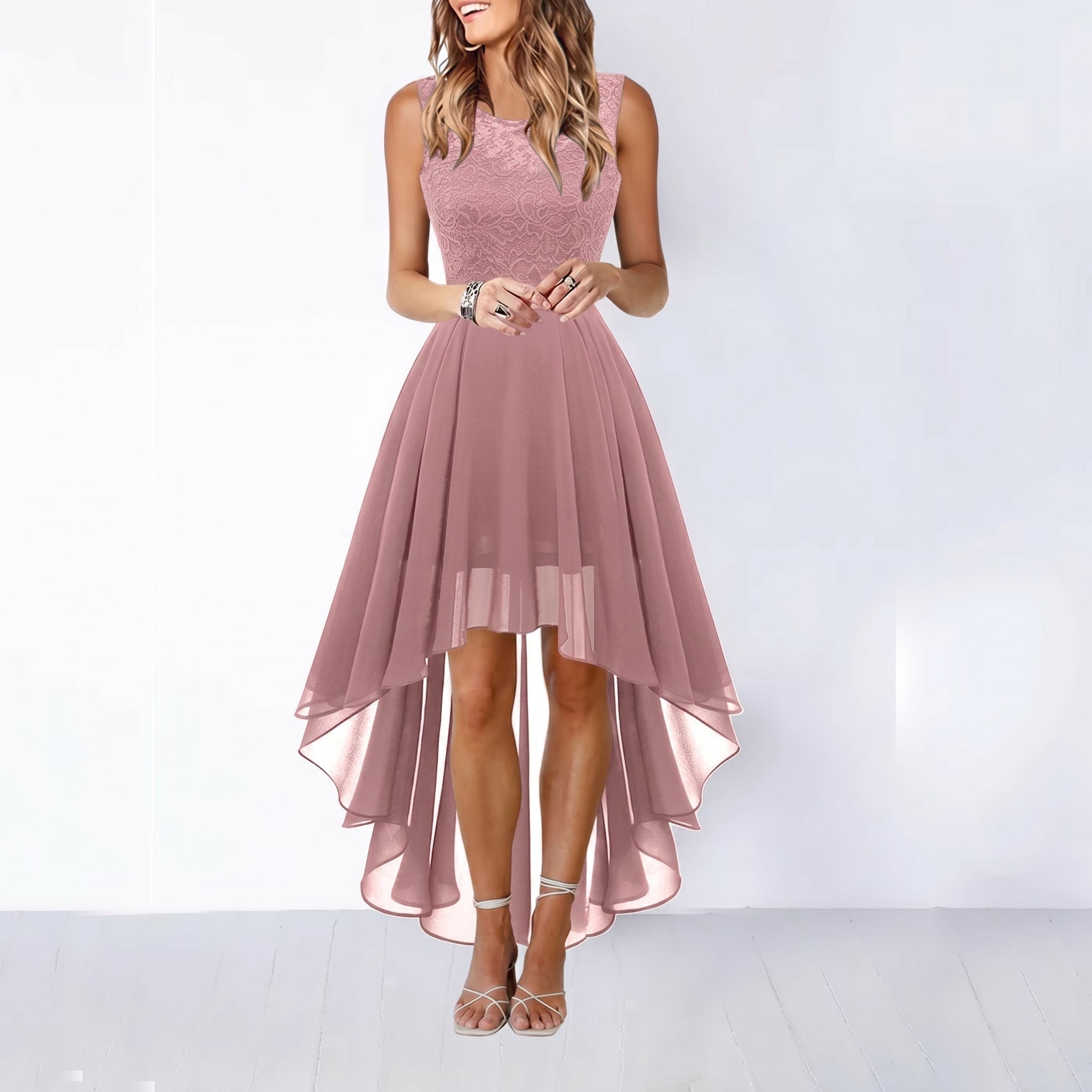 Rosie - Women's Party Lace Bodice High-Low Midi Dress
