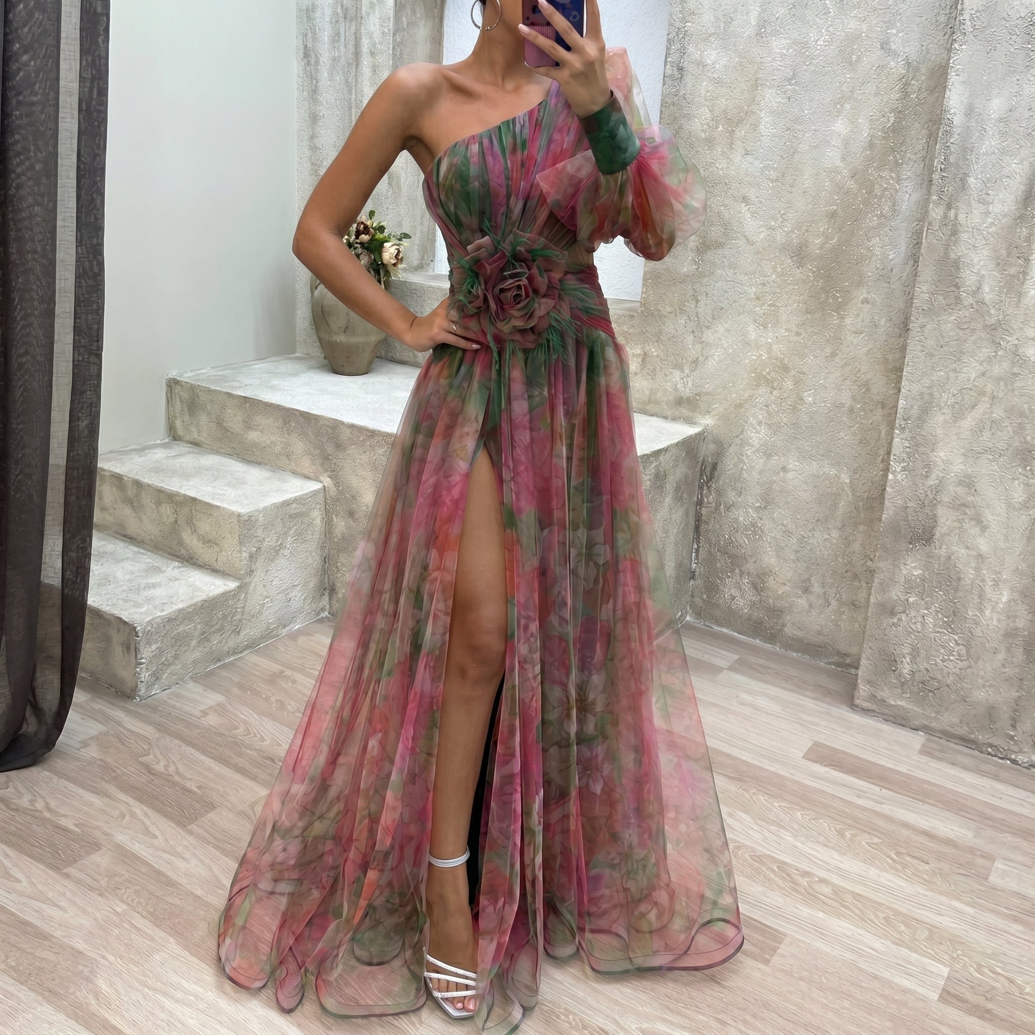 Sofia - Women's Evening Floral Tulle One-Shoulder Maxi Dress