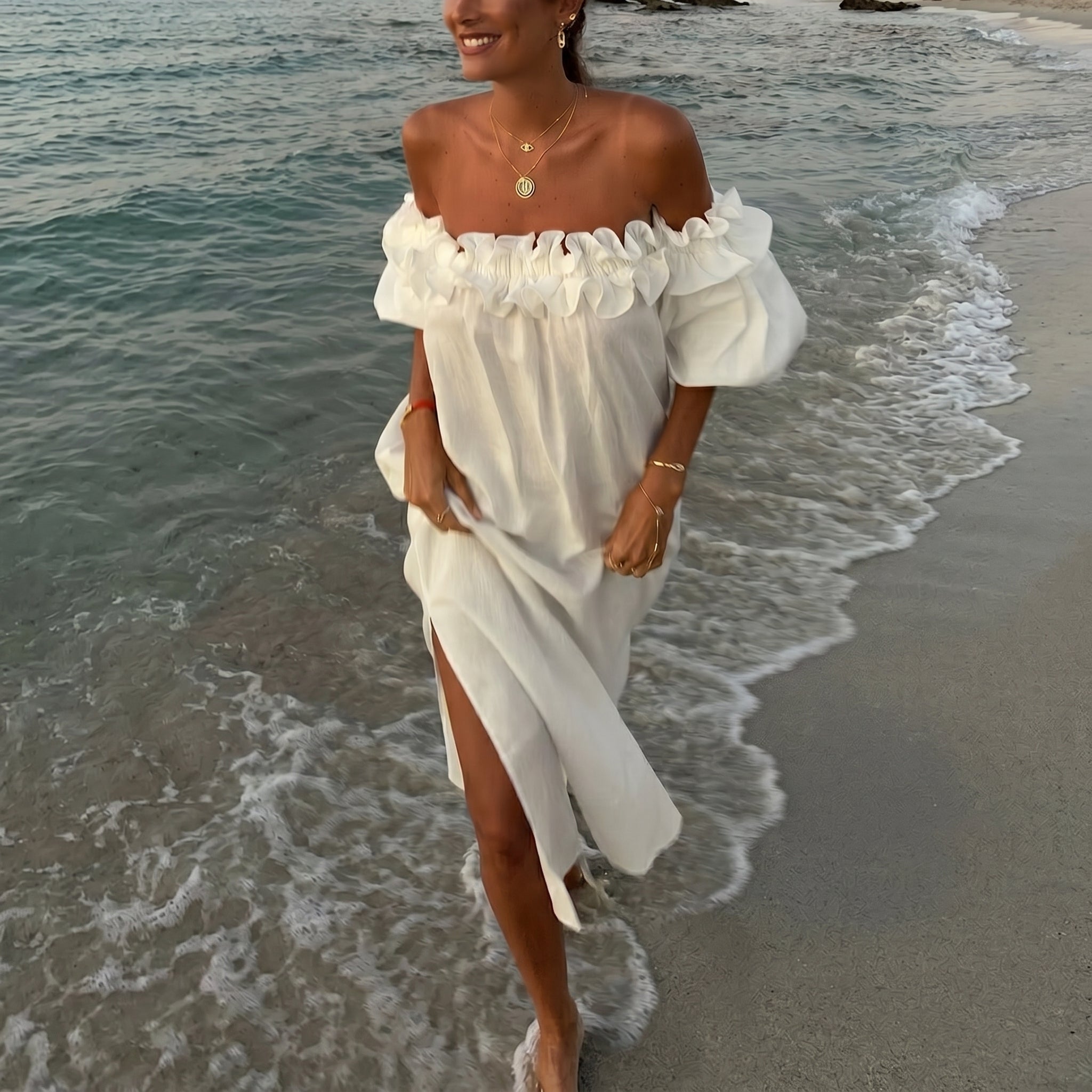 Clara - Women's Summer Off-Shoulder Ruffle Maxi Dress with Side Split