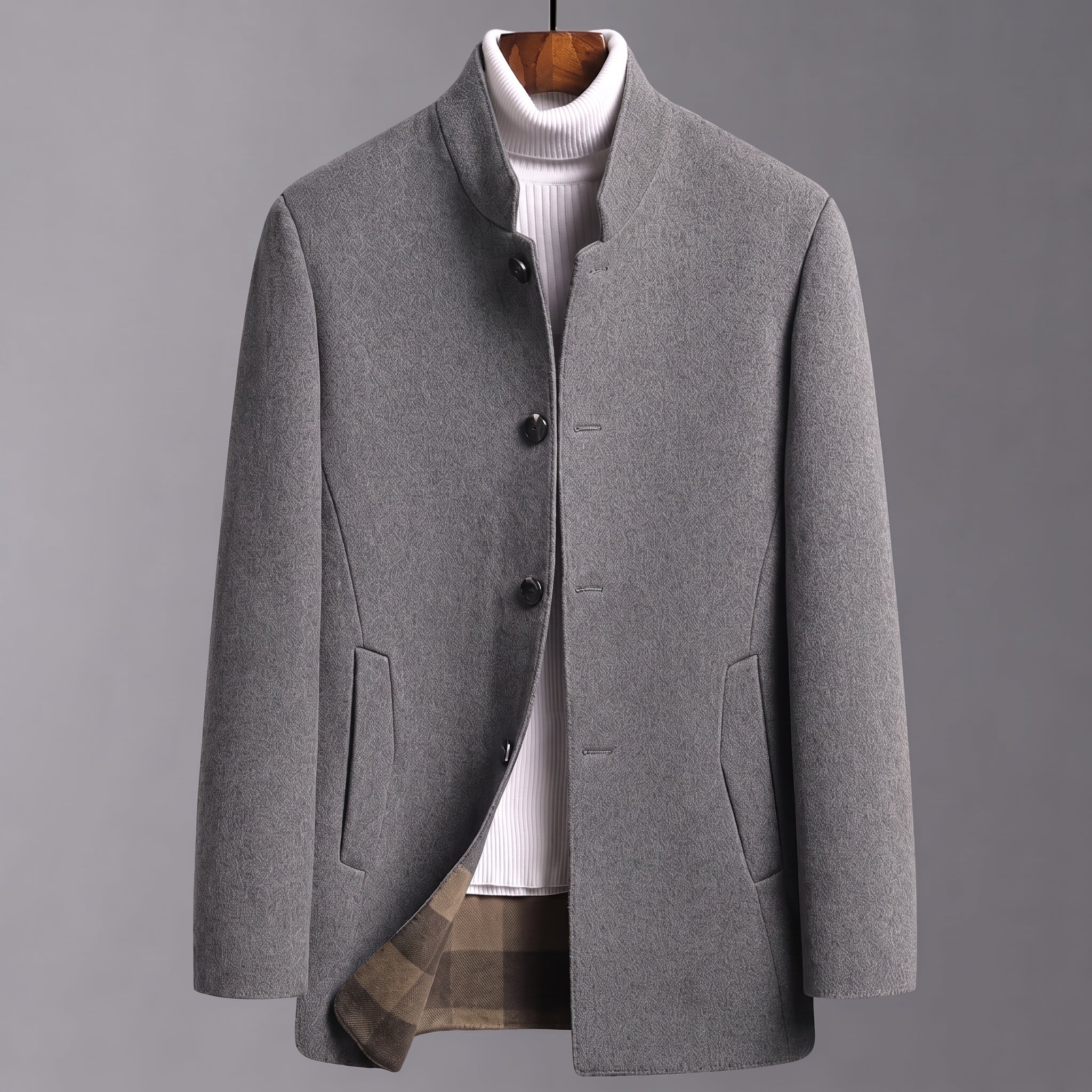 Oliver - Men's Stand Collar Wool Coat with Tartan Lining