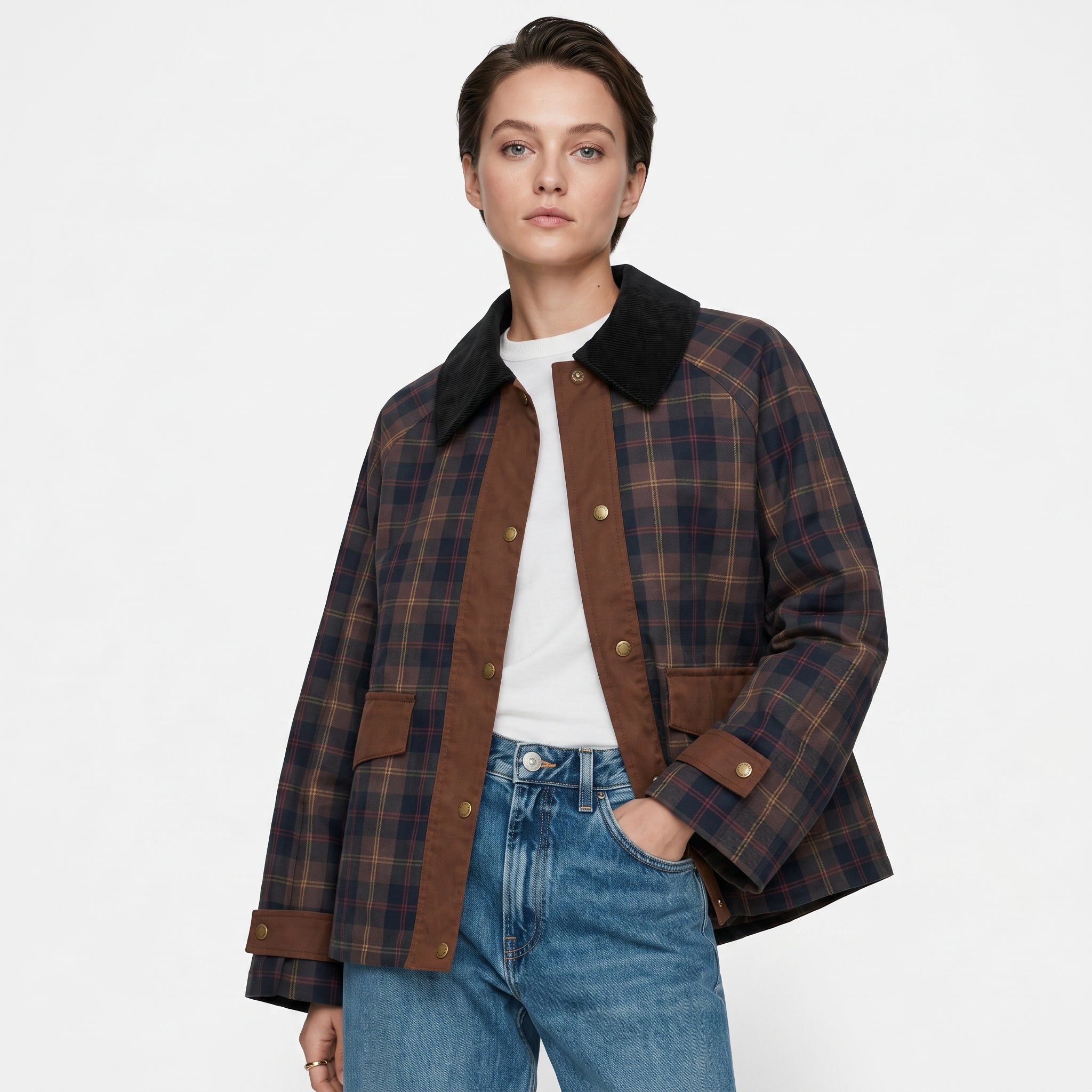 Charlotte - Women's Checked Jacket with Contast Collar and Button-Front