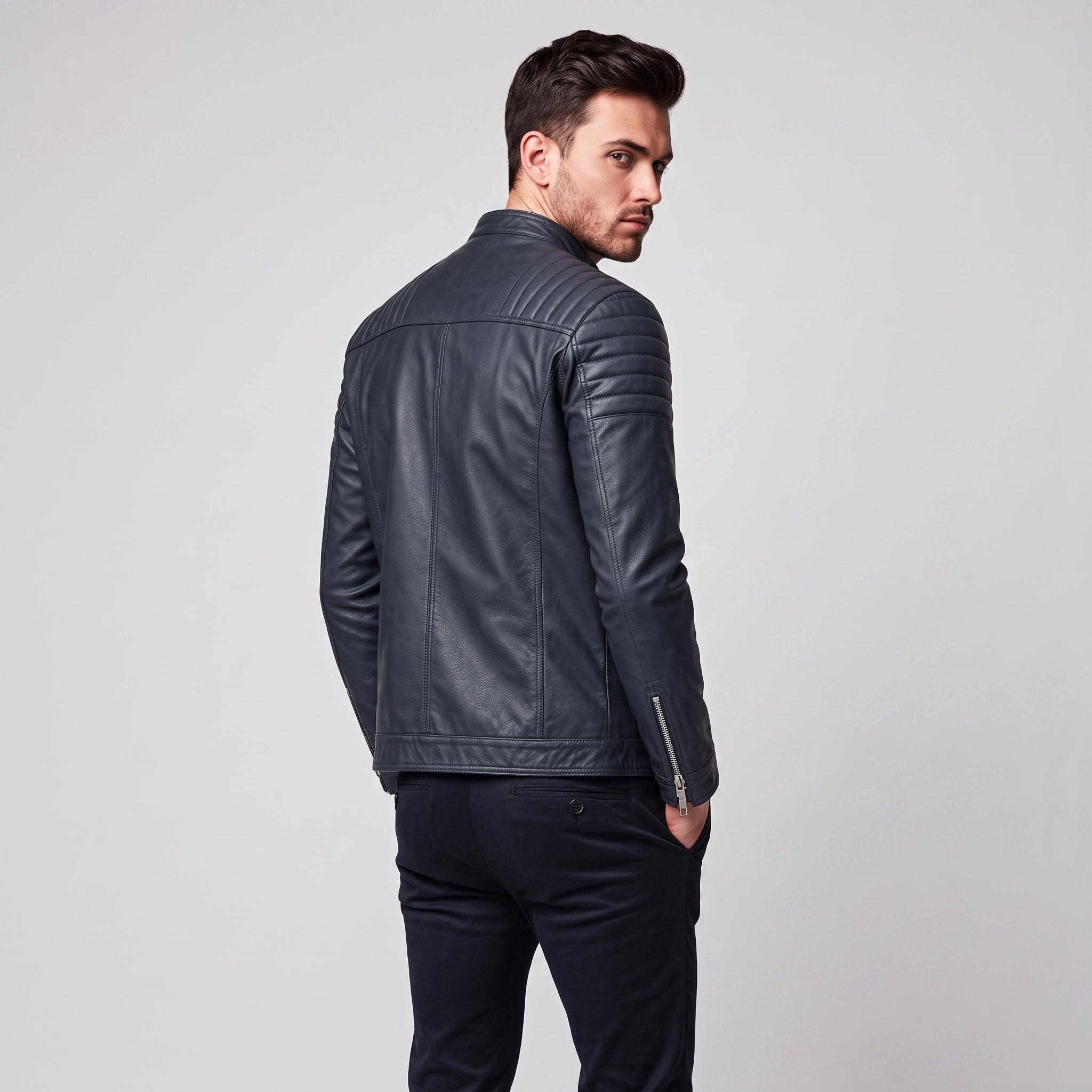 Marcus - Men's Slim Fit Leather Biker Jacket with Stand Collar