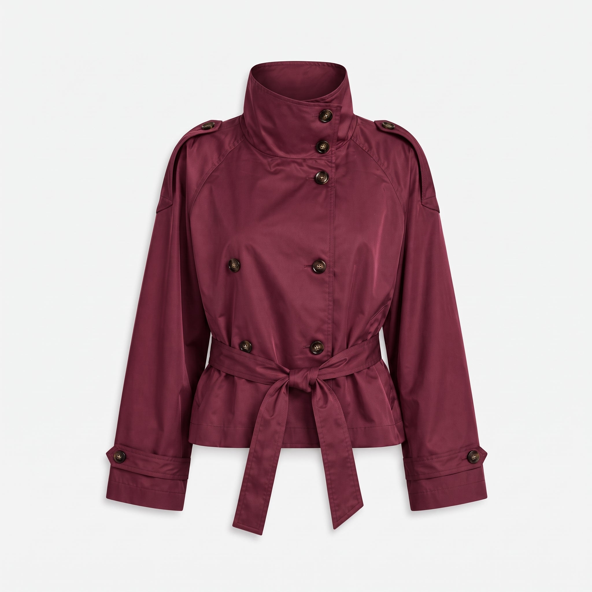 Olivia - Women's Double-Breasted Cropped Trench Jacket with Stand Collar