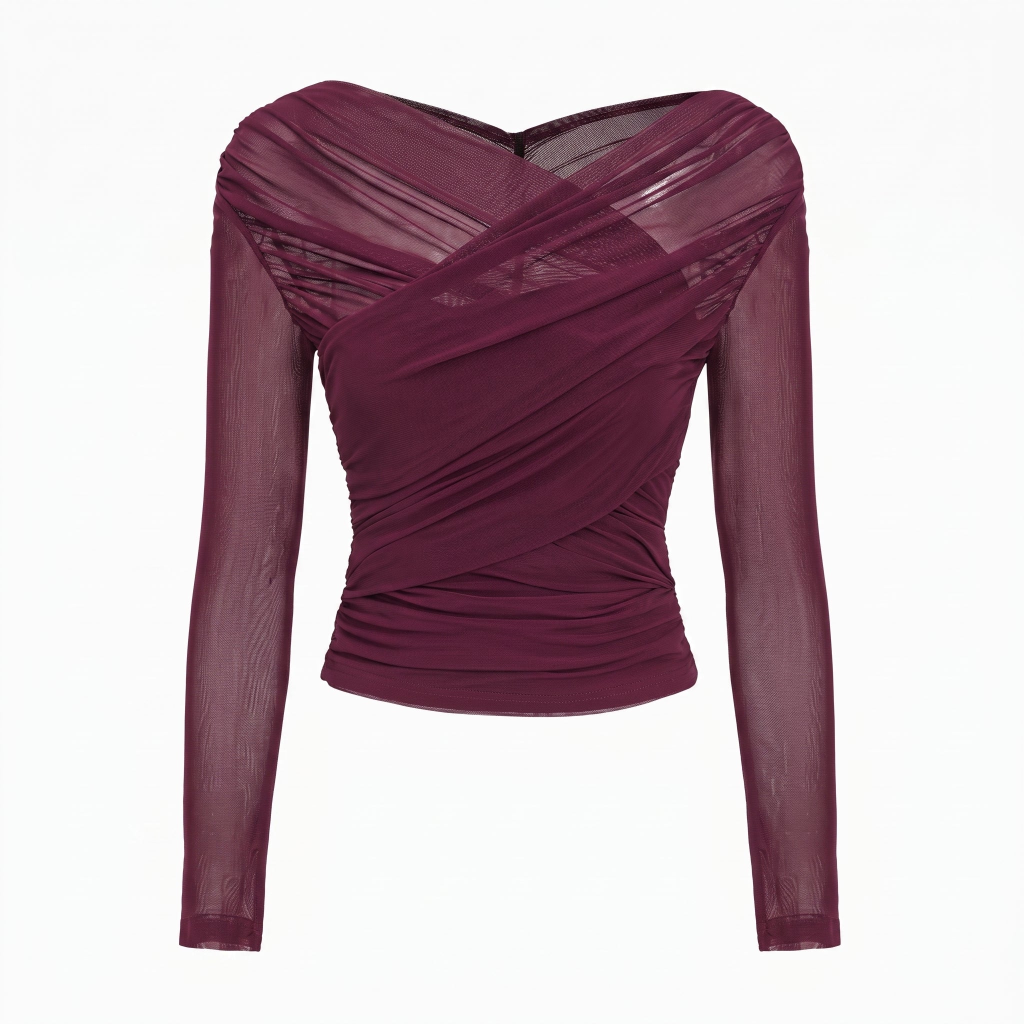 Isabelle - Women's Sheer Mesh Ruched Long Sleeve Crop Top