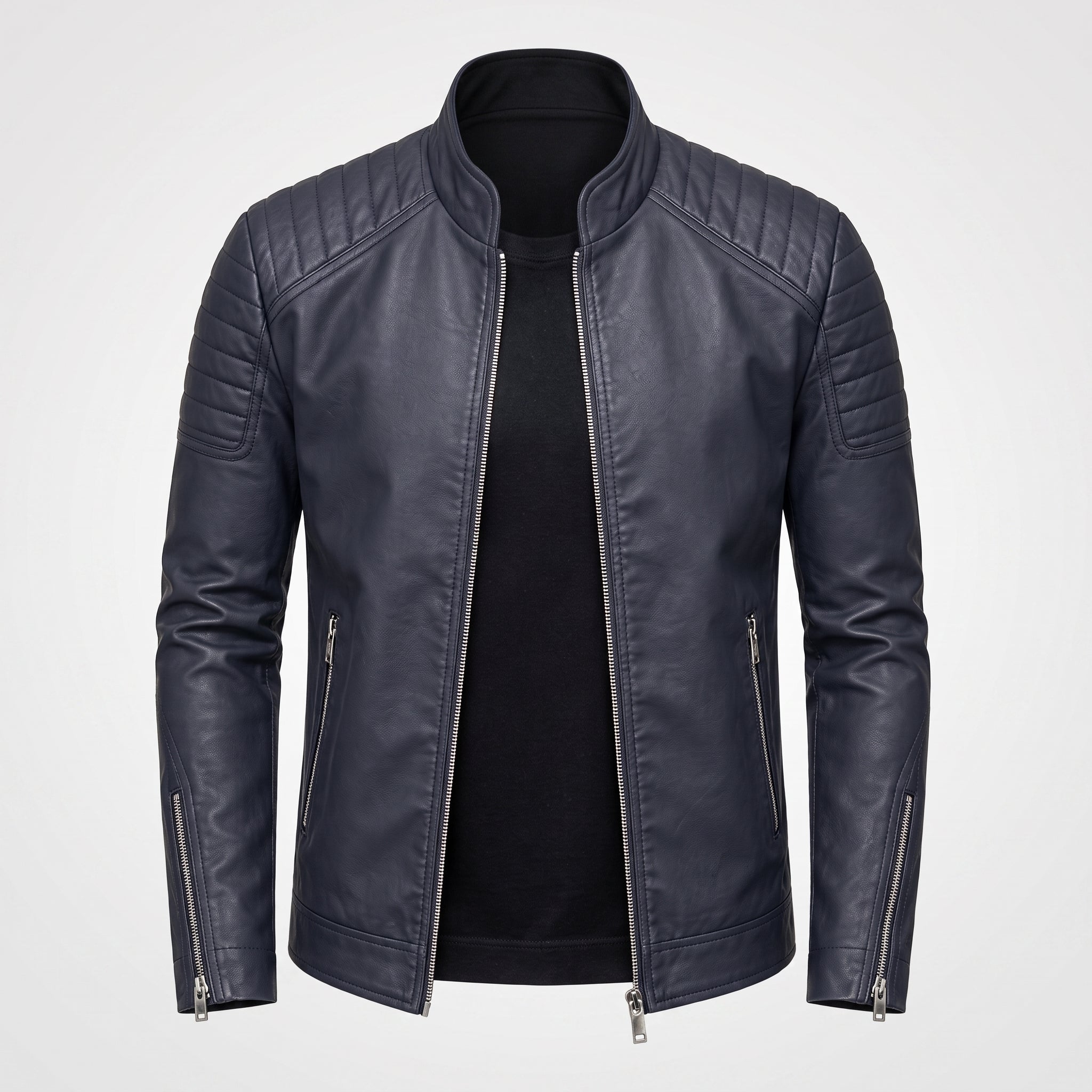 Marcus - Men's Slim Fit Leather Biker Jacket with Stand Collar