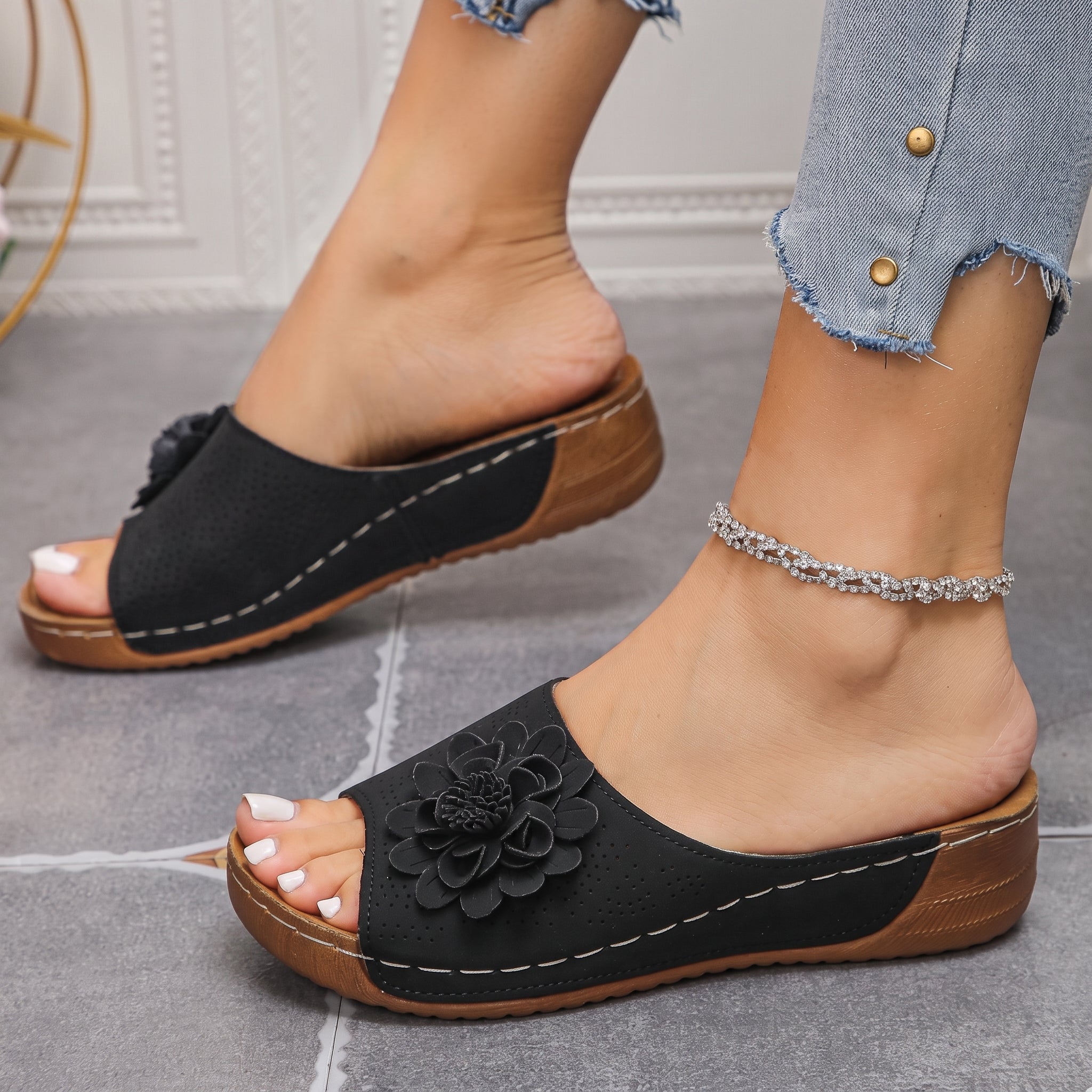 Daisy - Women's Orthopaedic Wedge Mules with Floral Detail