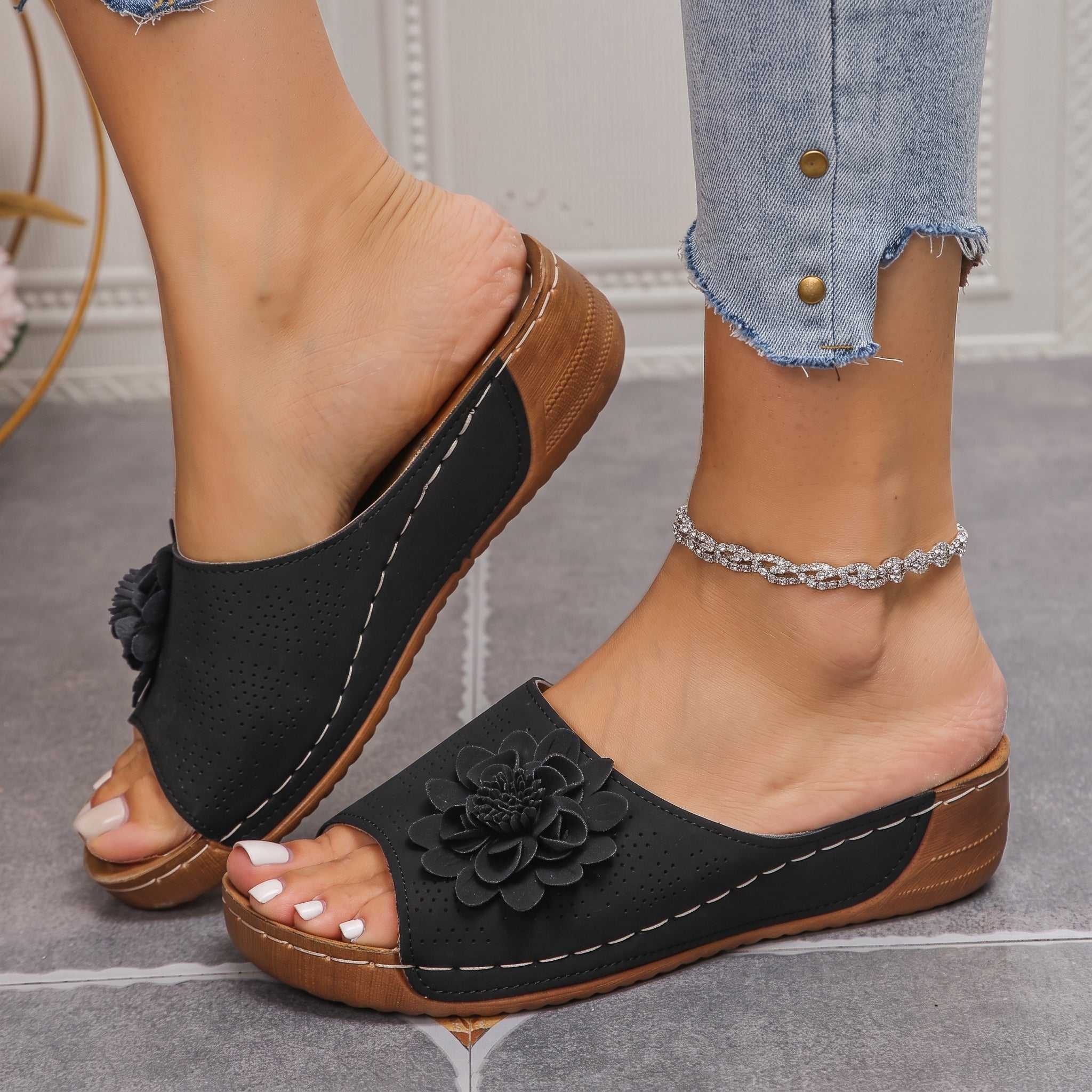 Daisy - Women's Orthopaedic Wedge Mules with Floral Detail