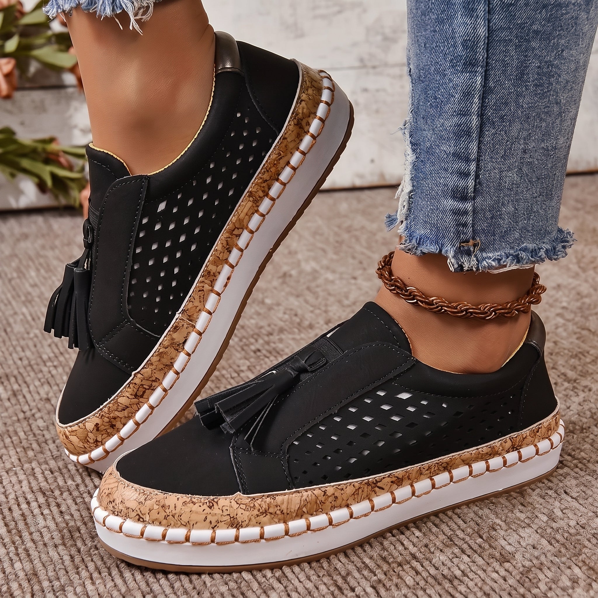 Alice - Women's Orthopaedic Slip-On Trainers with Tassel Detail