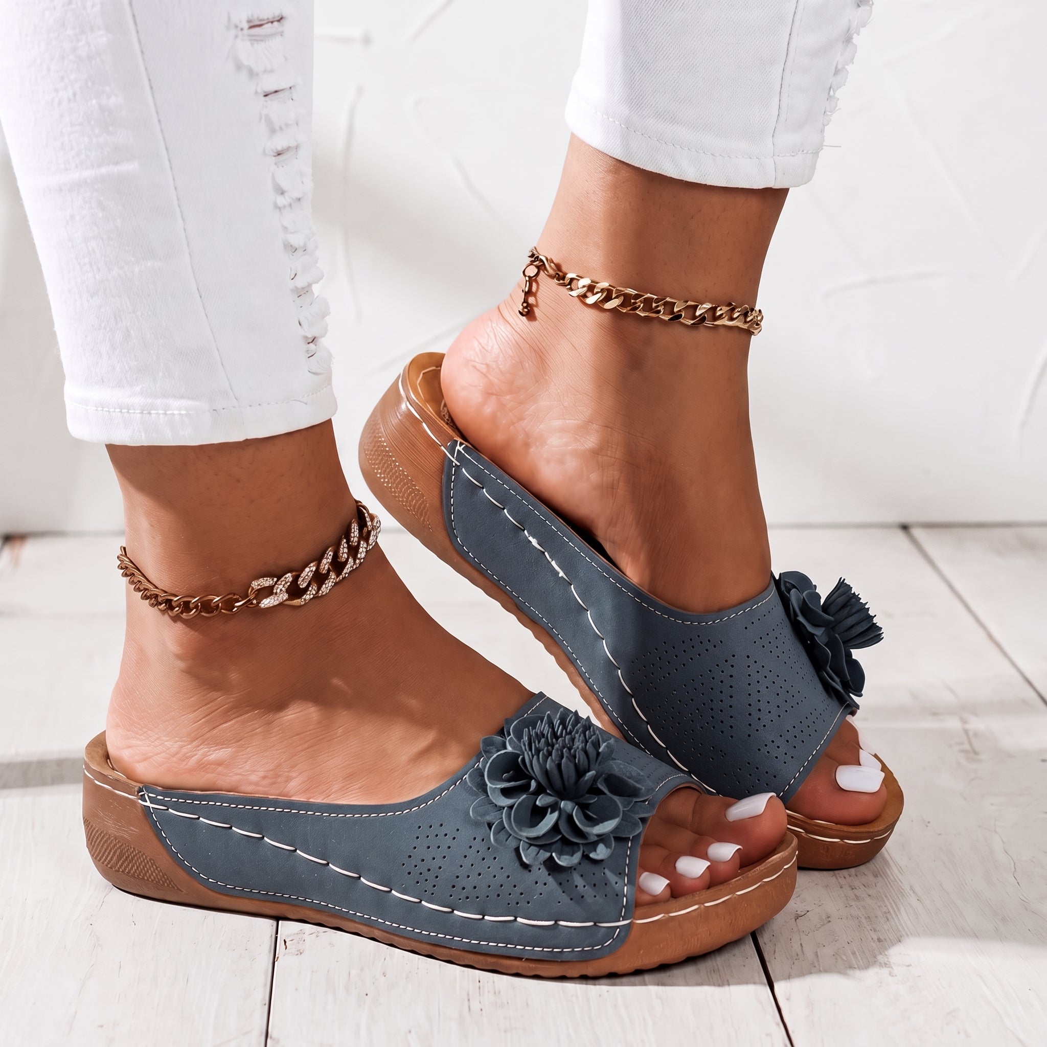 Daisy - Women's Orthopaedic Wedge Mules with Floral Detail