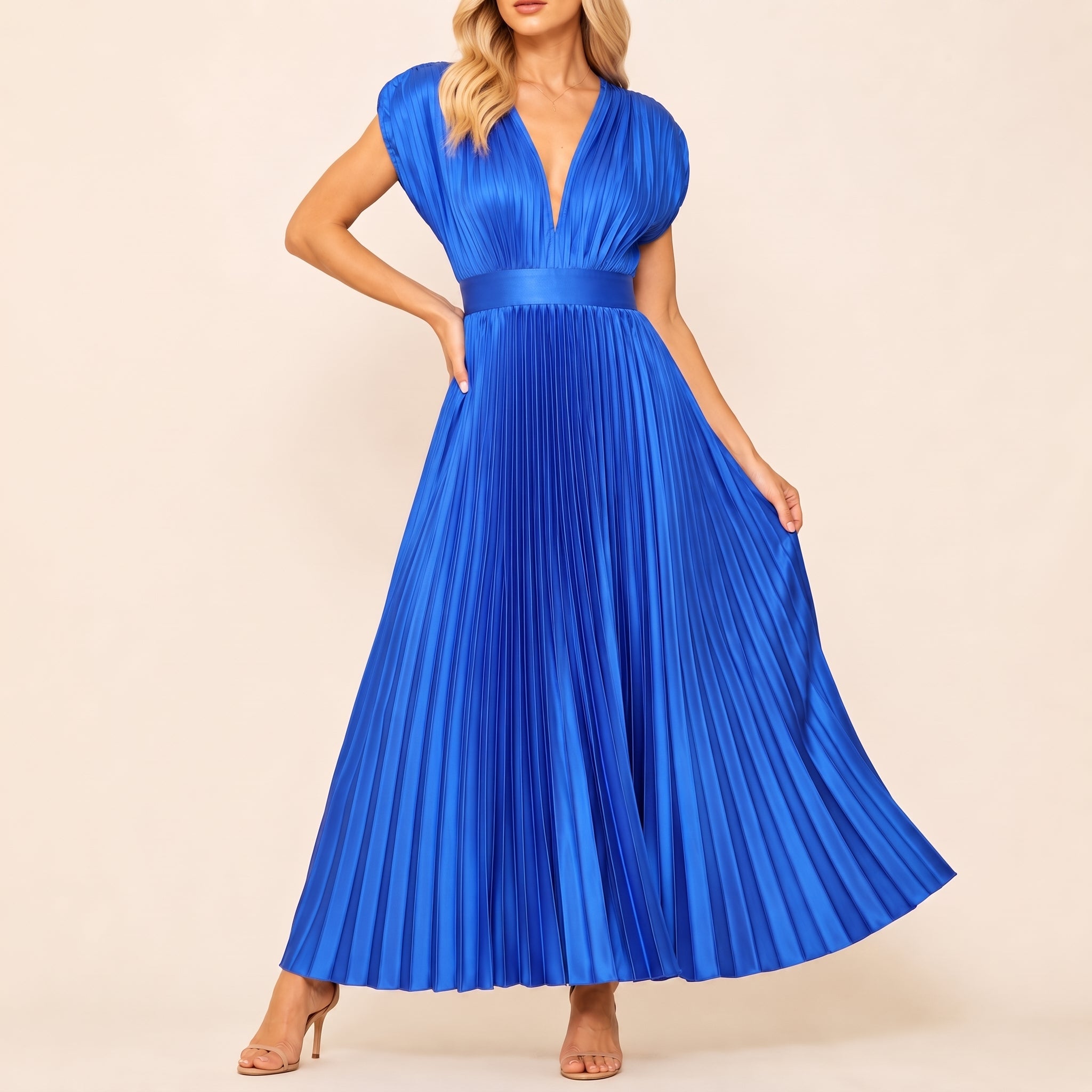Clara - Women's Wedding Guest Pleated Cap Sleeves Maxi Dress